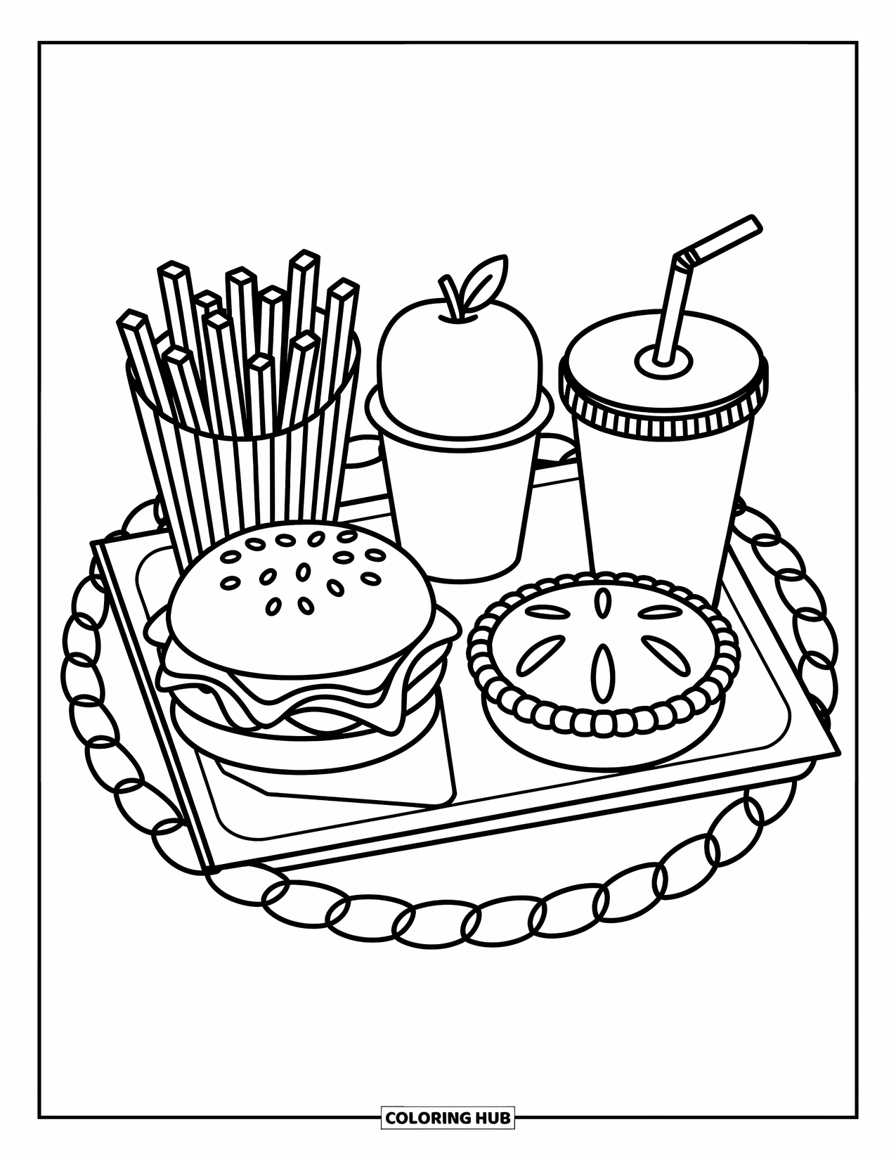 Fast Food Coloring Page for Adults: A fast food tray holds a cheeseburger, striped fries, pie, and drink with dome lid