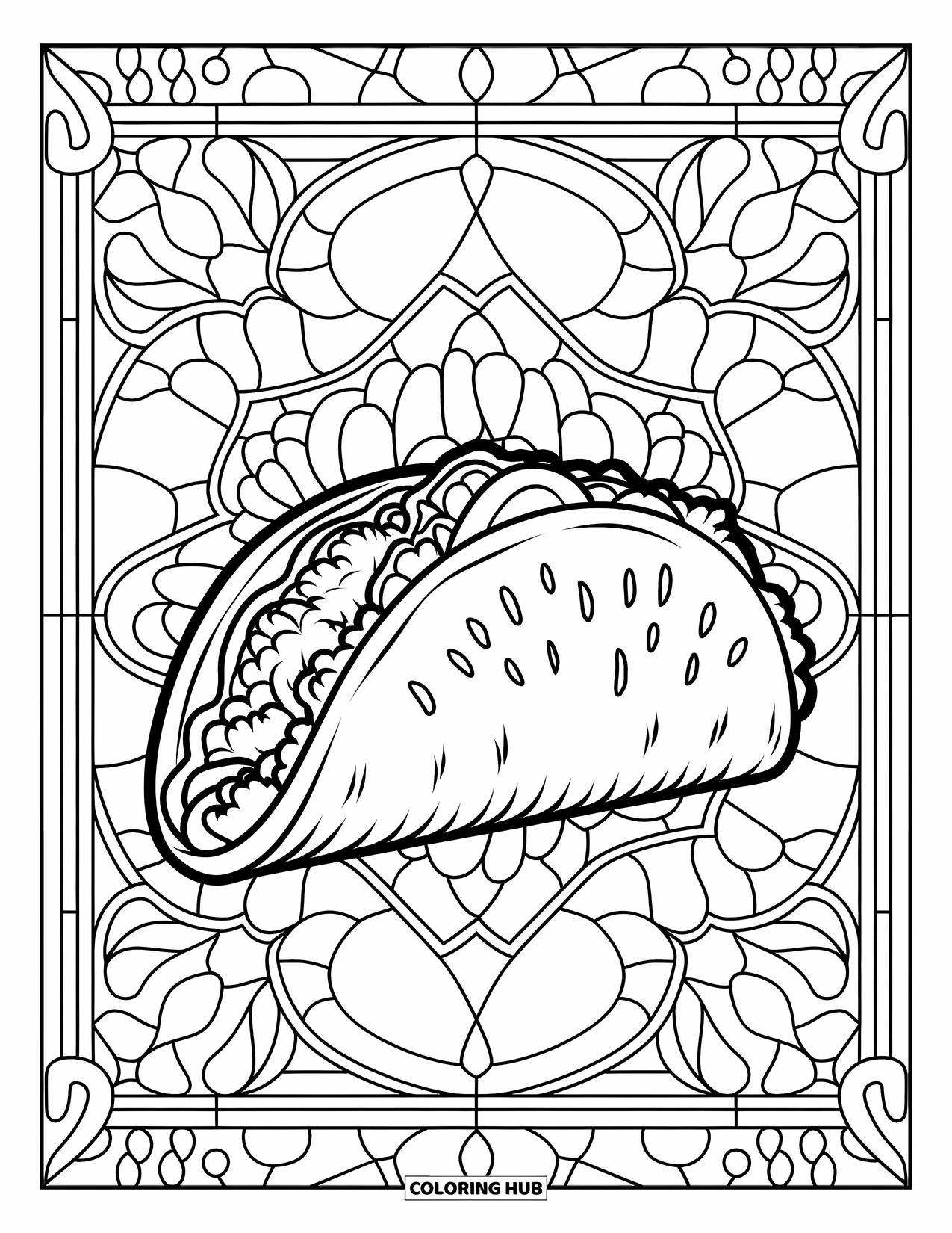 Fast Food Coloring Page for Adults: A full taco is surrounded by a stained glass-inspired background and crisp lines