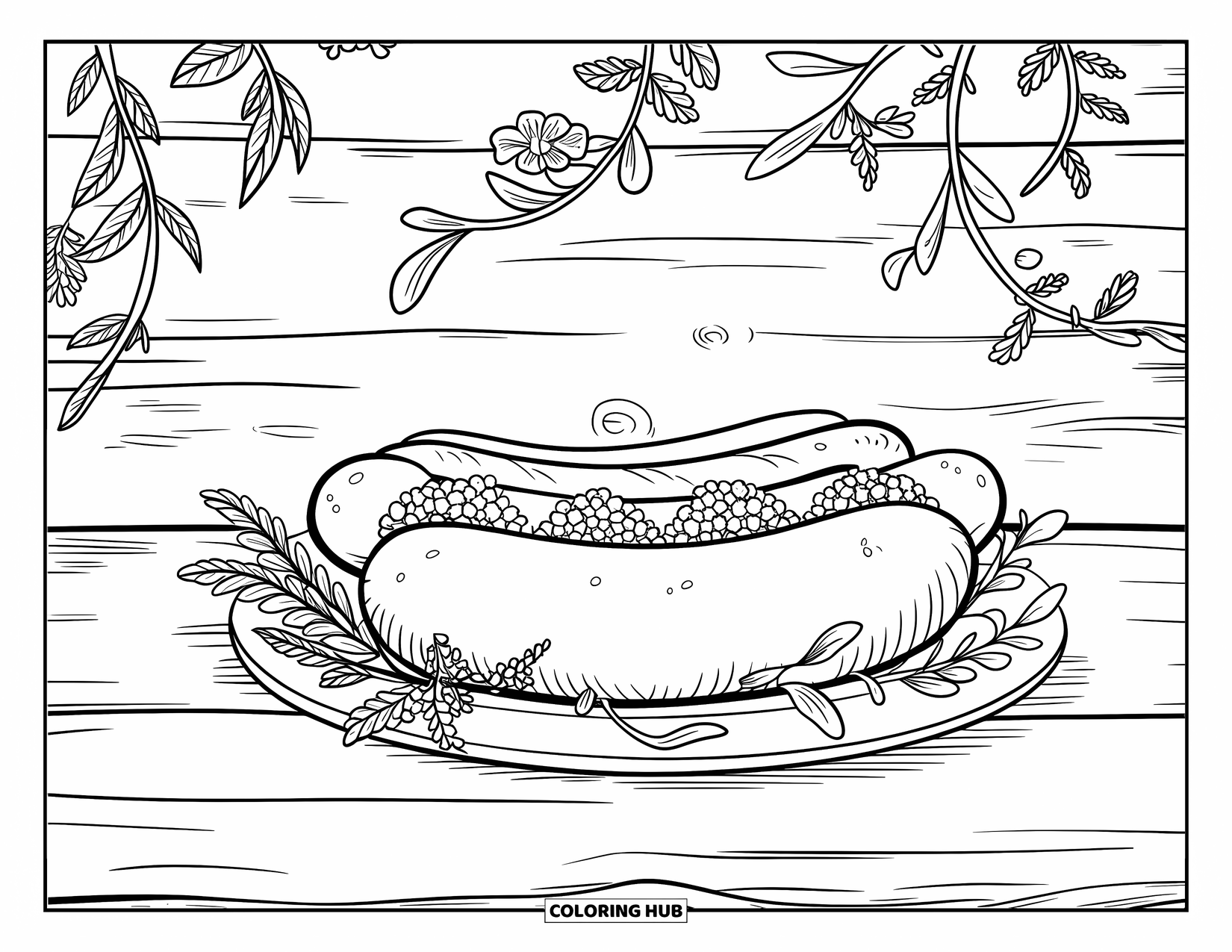 Fast Food Coloring Page for Adults: A hotdog on a plate is wrapped in vines and flowers for a rustic, cozy look