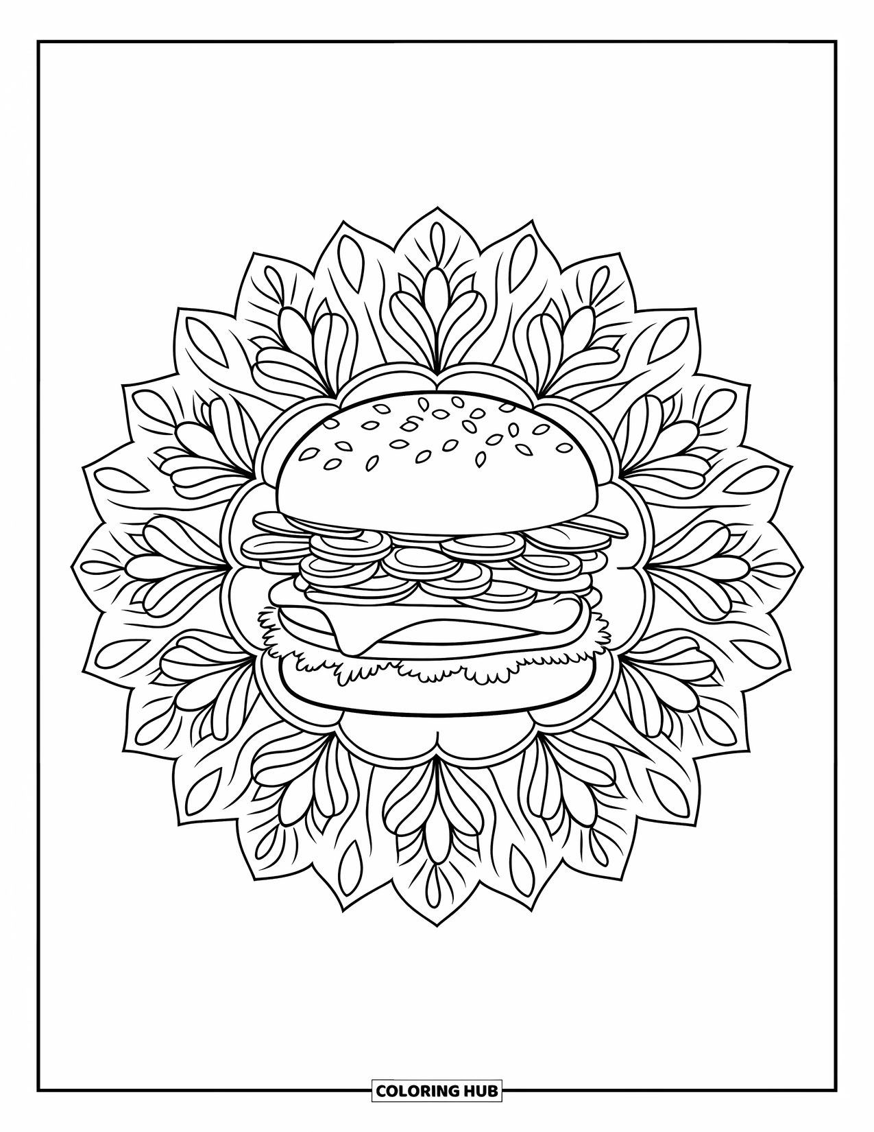 Fast Food Coloring Page for Adults: A juicy cheeseburger is surrounded by an elegant mandala made of flowers and vines