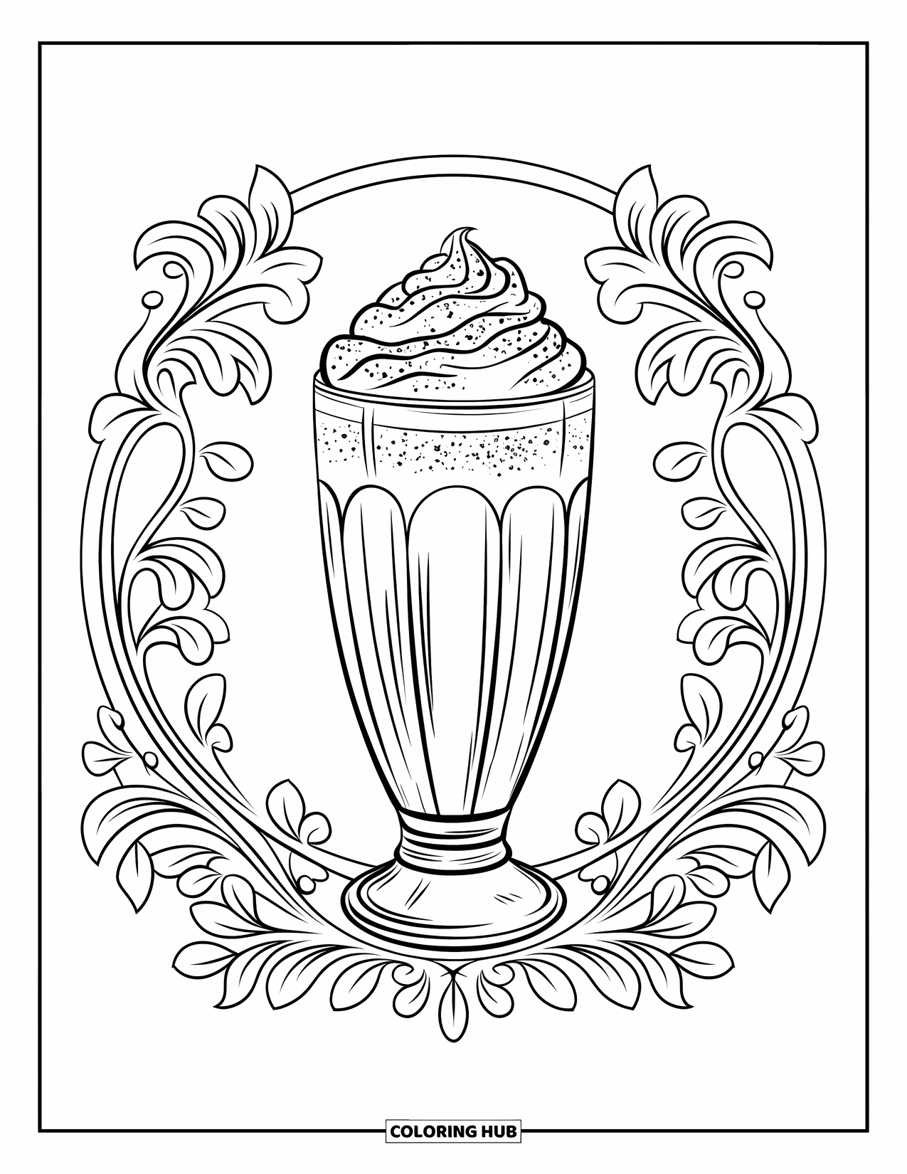 Fast Food Coloring Page for Adults: A milkshake glass with whipped cream is surrounded by soft floral swirls