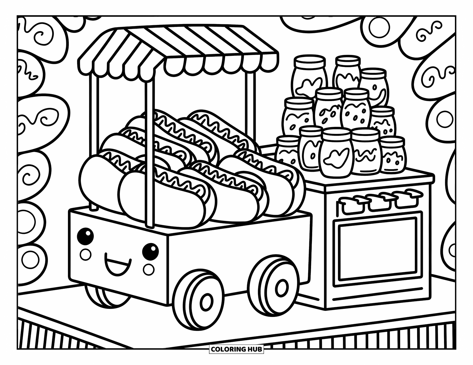 Fast Food Coloring Page for Adults: A pushcart filled with hot dogs and a mini toppings station creates a cozy street vibe
