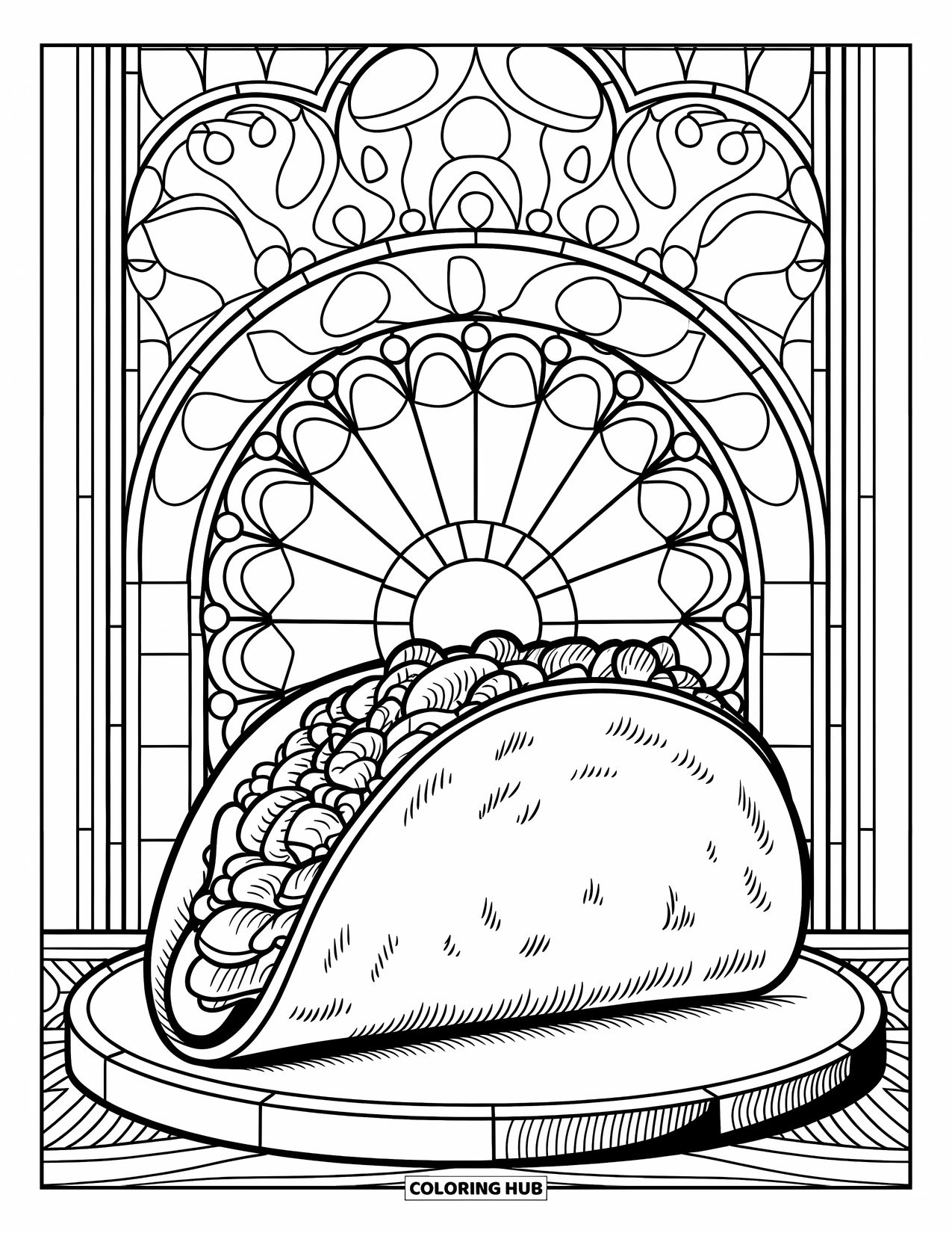 Fast Food Coloring Page for Adults: A taco with rich fillings sits inside a stained glass-style background