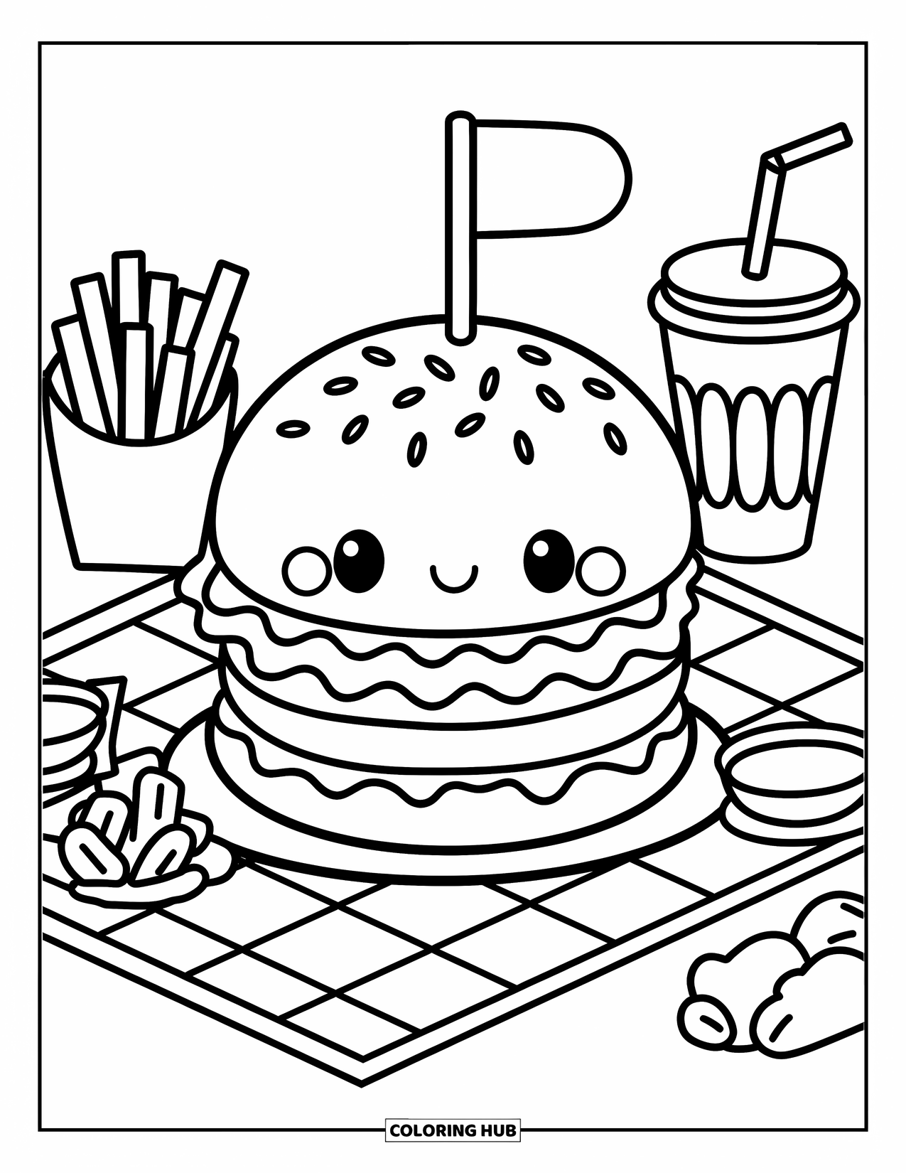 Fast Food Coloring Page for Adults: Playful oversized burger with tiny sides rests on a warm, inviting picnic mat