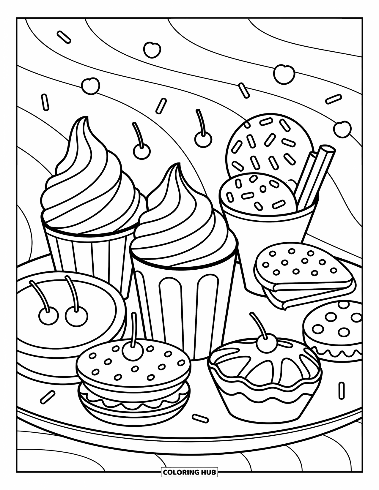 Fast Food Coloring Page for Adults: Whimsical desserts like sundaes, pies, and cookies fill a cute and cozy platter