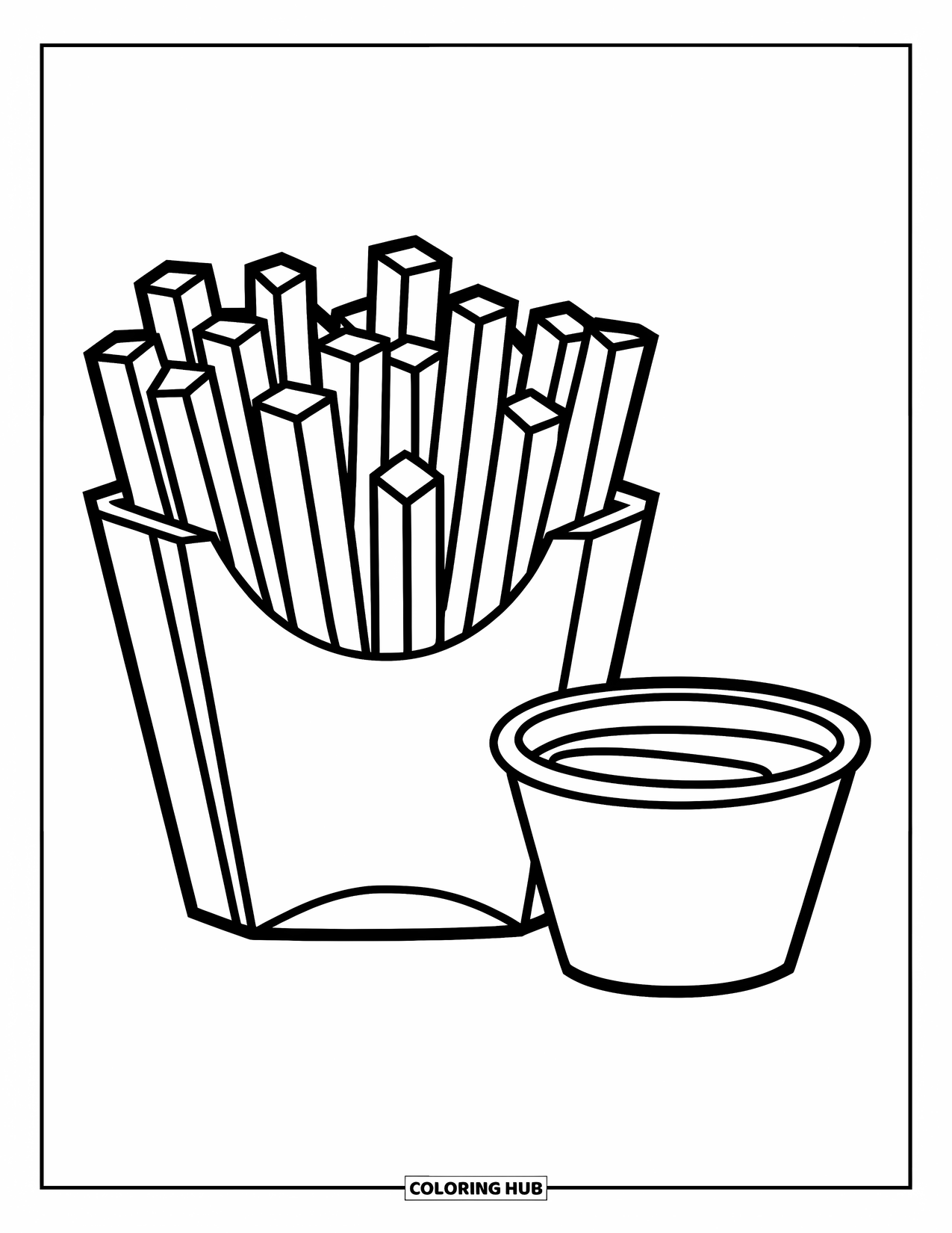 Fast Food Coloring Page for Kids: A basket of fries with crispy edges rests beside a dipping sauce