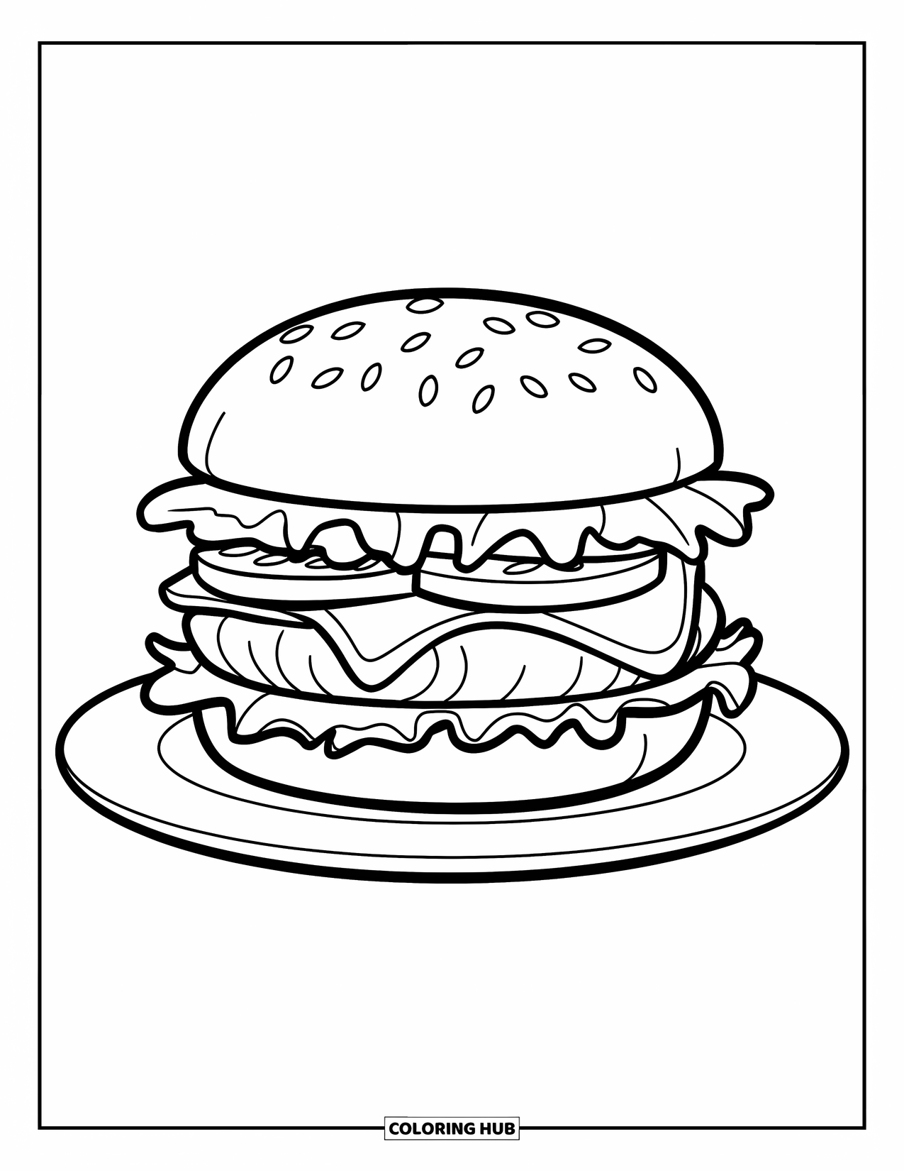 Fast Food Coloring Page for Kids: A bold cheeseburger with layers of lettuce, cheese, and tomato sits on a plate