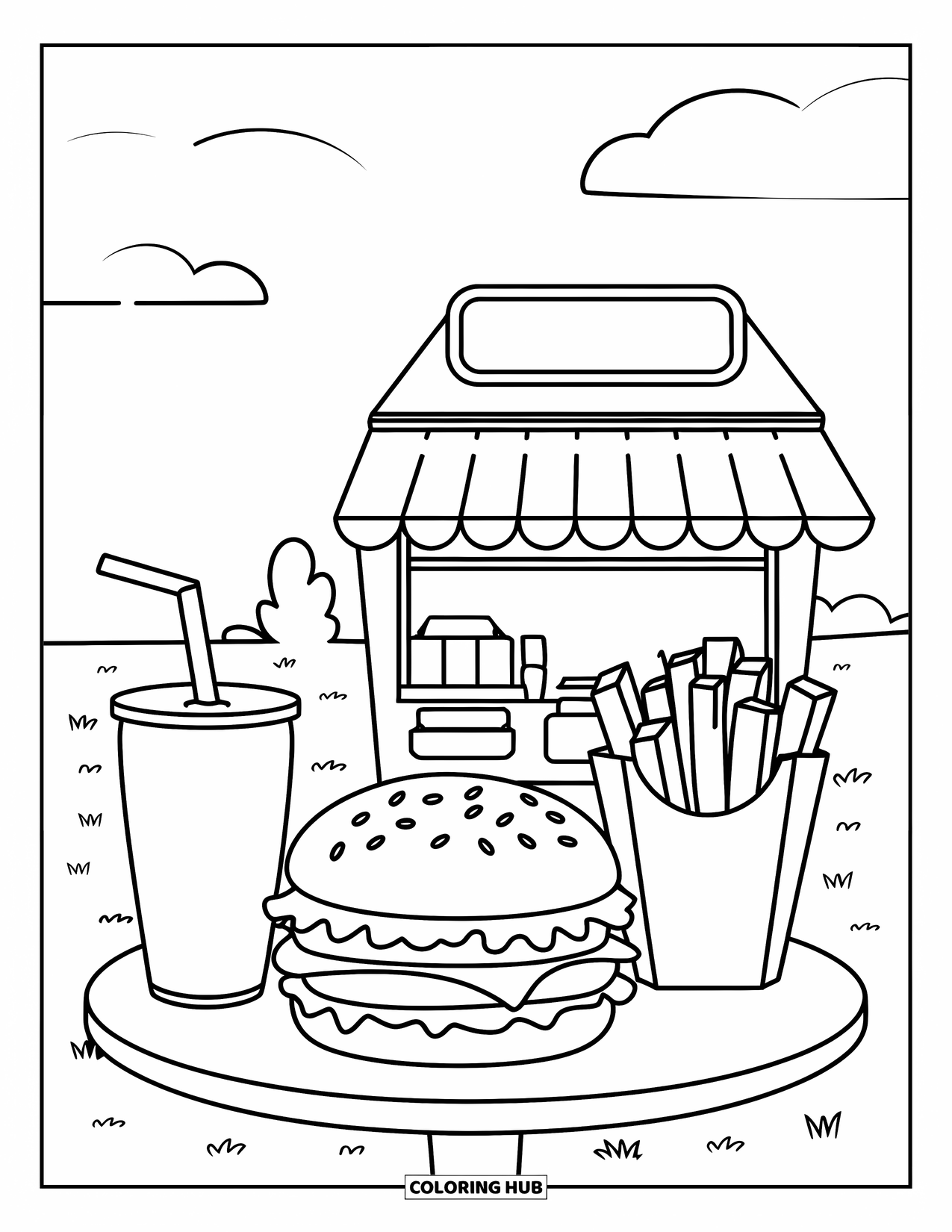 Fast Food Coloring Page for Kids: A booth table with a burger, soda, and fries sits near a grassy field