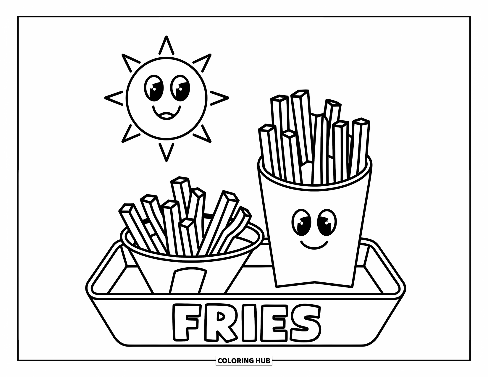Fast Food Coloring Page for Kids: A cheerful tray of fries and smiling ketchup cup sits beneath a smiling sun