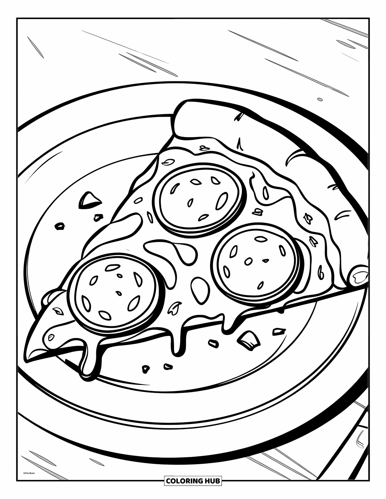 Fast Food Coloring Page for Kids: A cheesy pepperoni slice with a few crumbs sits on a white plate