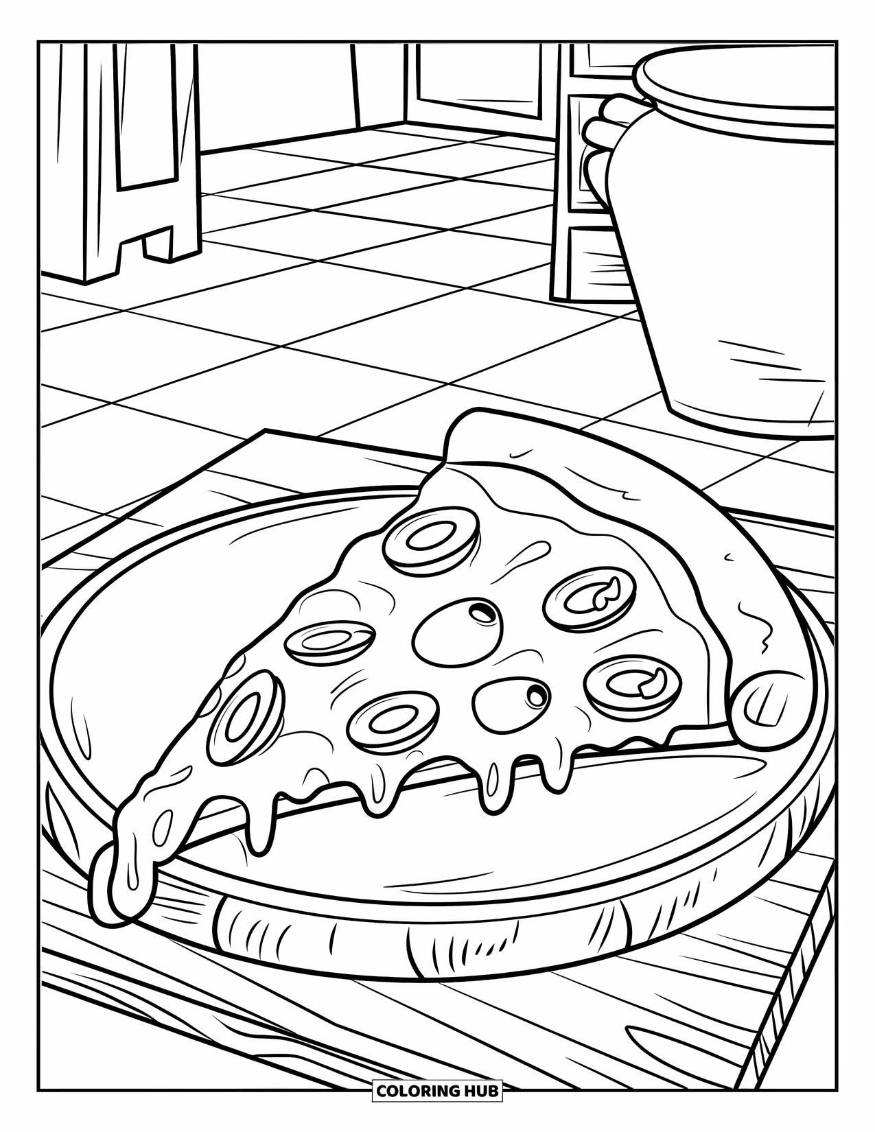 Fast Food Coloring Page for Kids: A cheesy pizza slice with toppings sits on a wooden board in a cozy kitchen