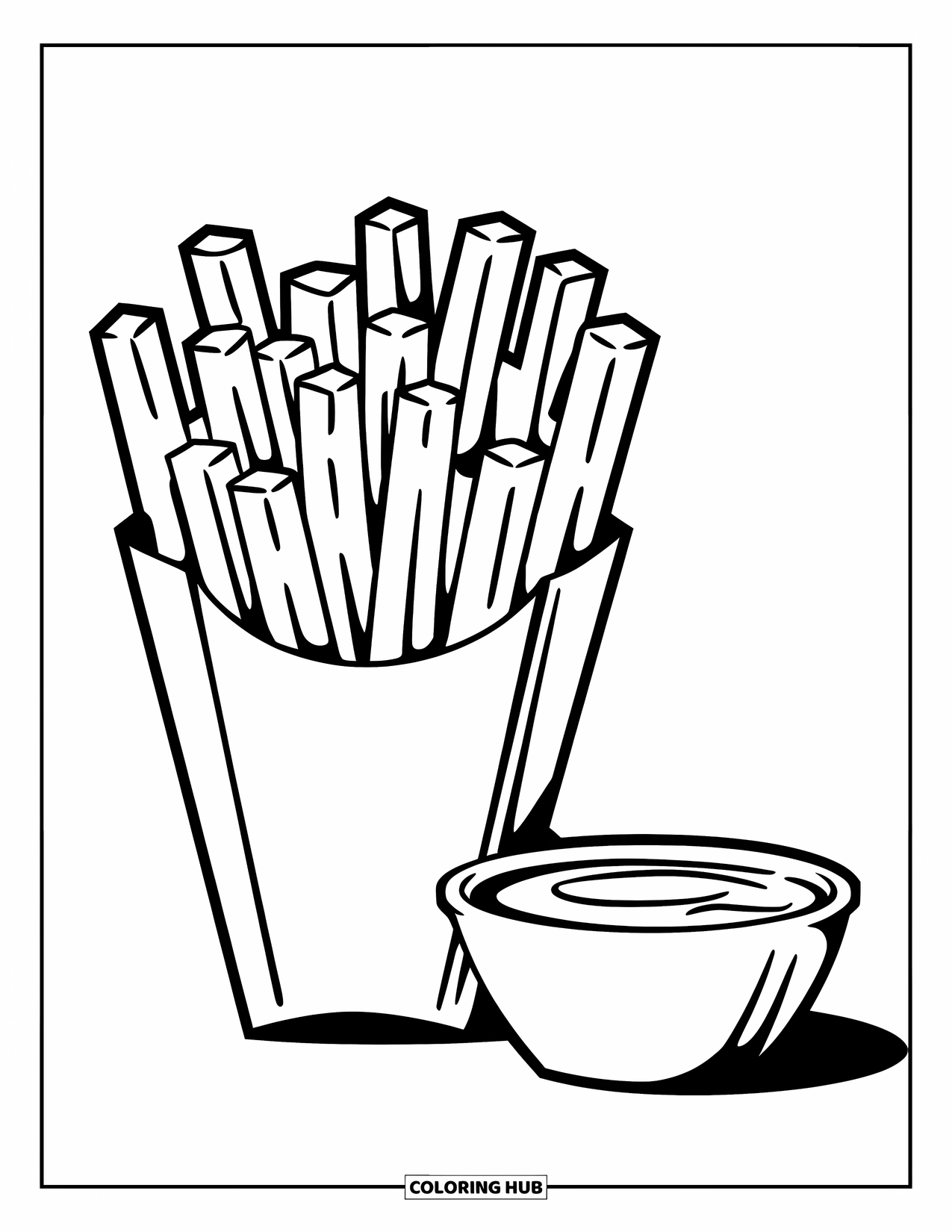 Fast Food Coloring Page for Kids: A cone of fries and a sauce cup rest on a clean background
