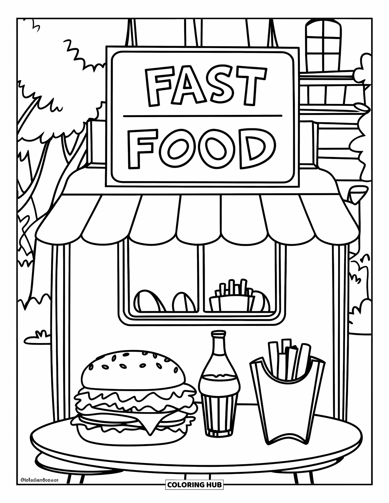 Fast Food Coloring Page for Kids: A cozy fast food booth holds a burger, fries, and soda in cute containers