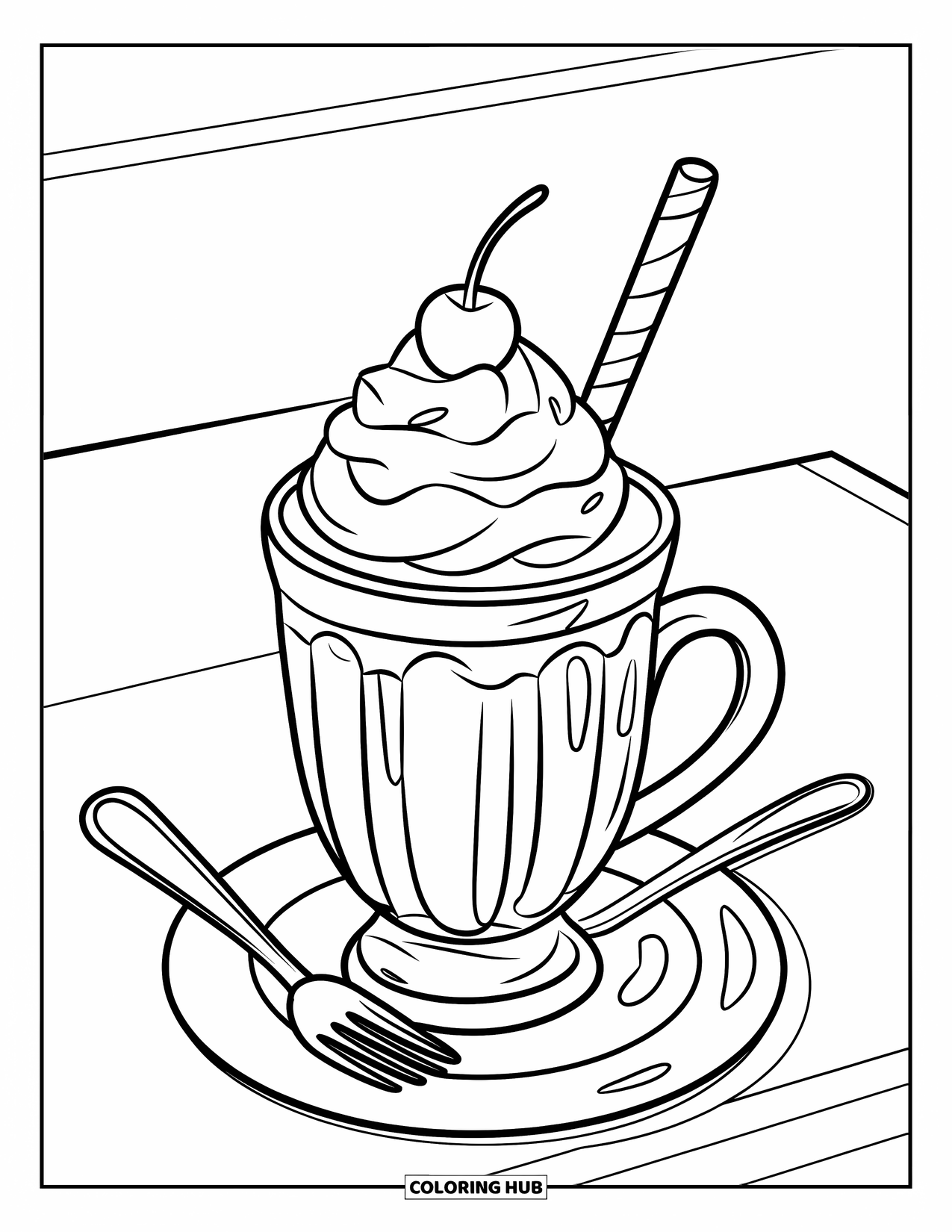 Fast Food Coloring Page for Kids: A creamy milkshake with a cherry and utensils rests neatly on a white plate
