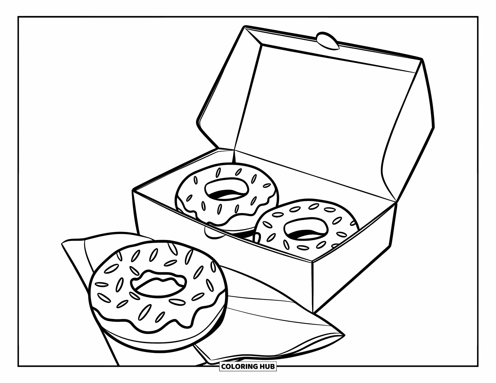 Fast Food Coloring Page for Kids: A donut box with three fun donuts sits beside a folded napkin