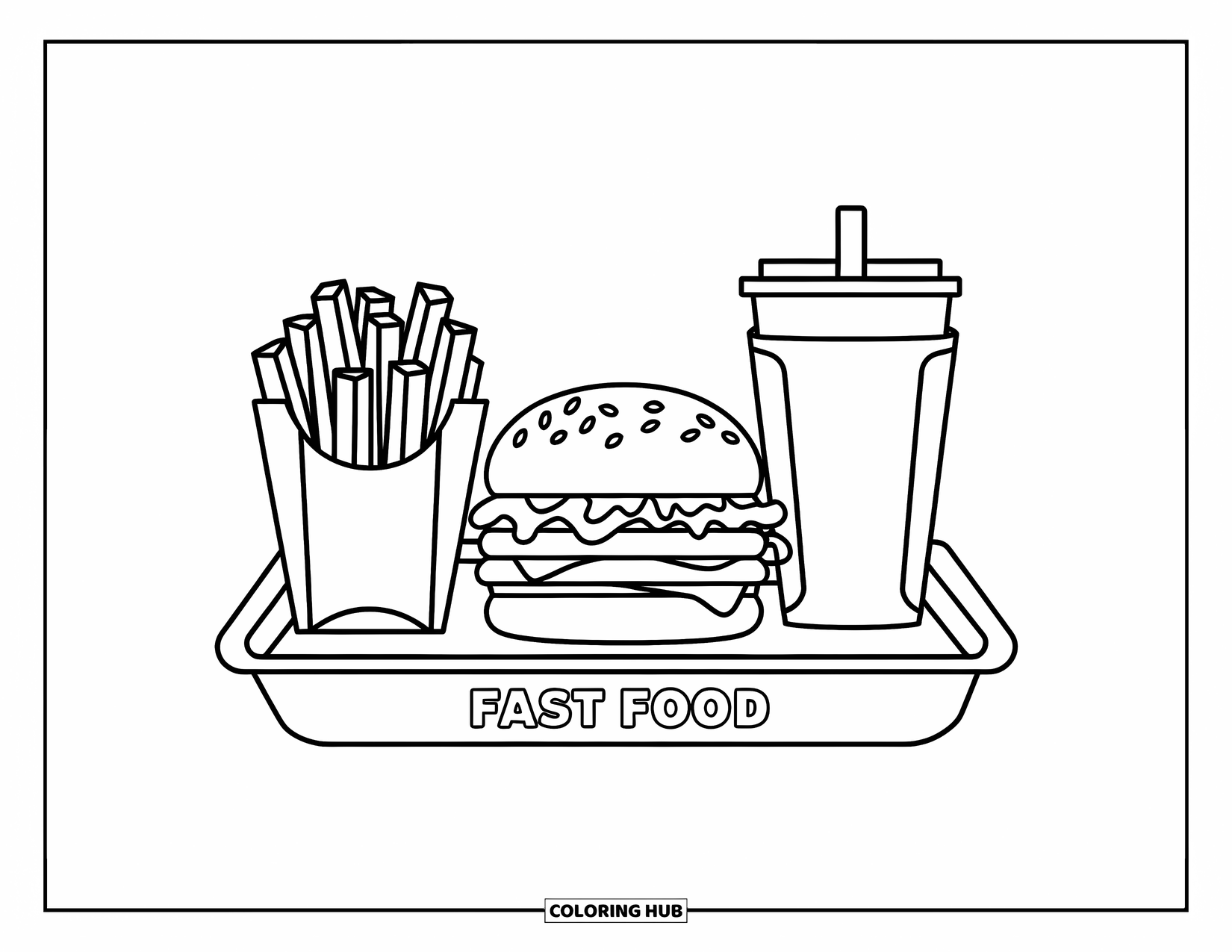 Fast Food Coloring Page for Kids: A fast food tray holds a burger, fries, and soda cup neatly arranged