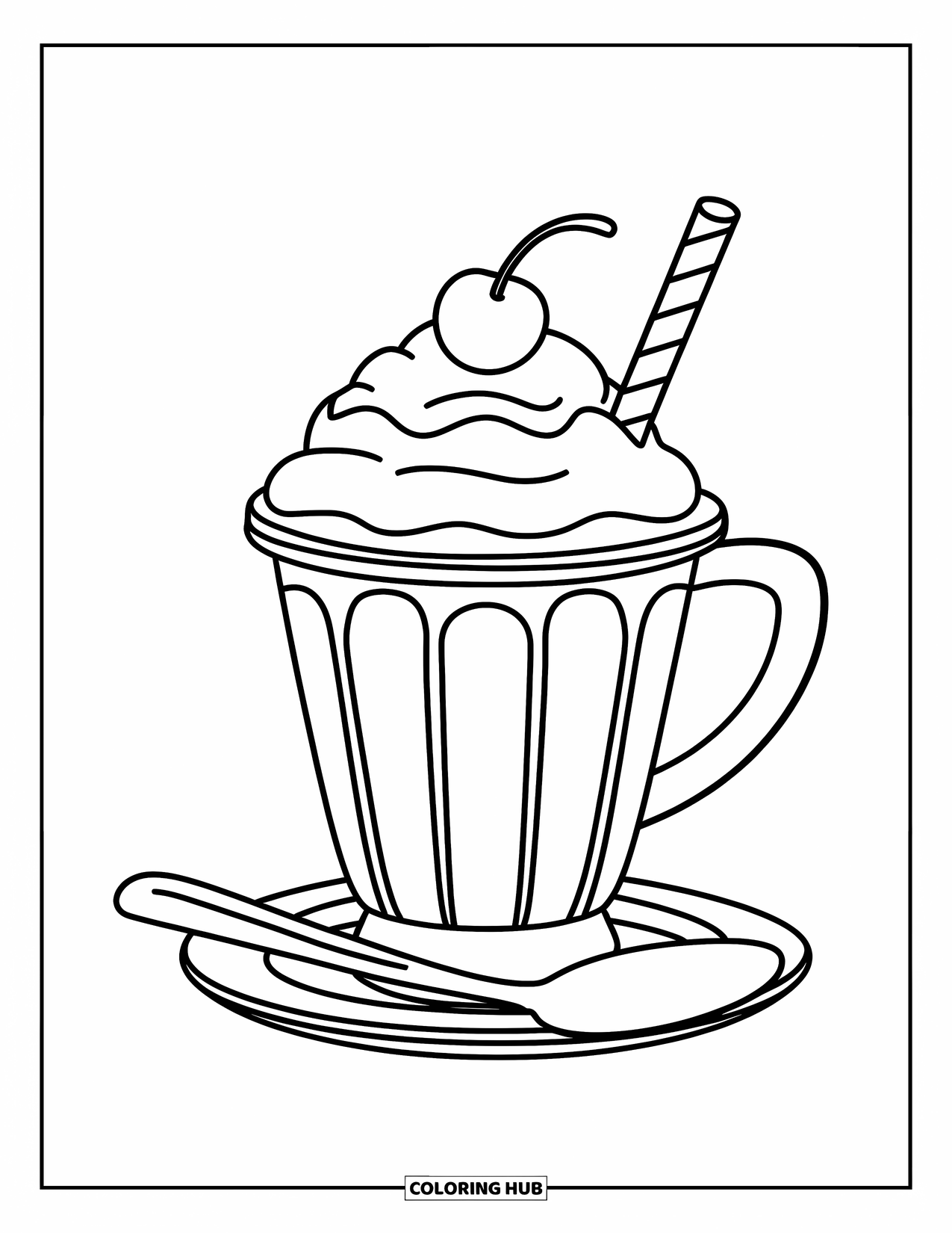 Fast Food Coloring Page for Kids: A fun milkshake with whipped cream and a cherry rests on a plate with a spoon
