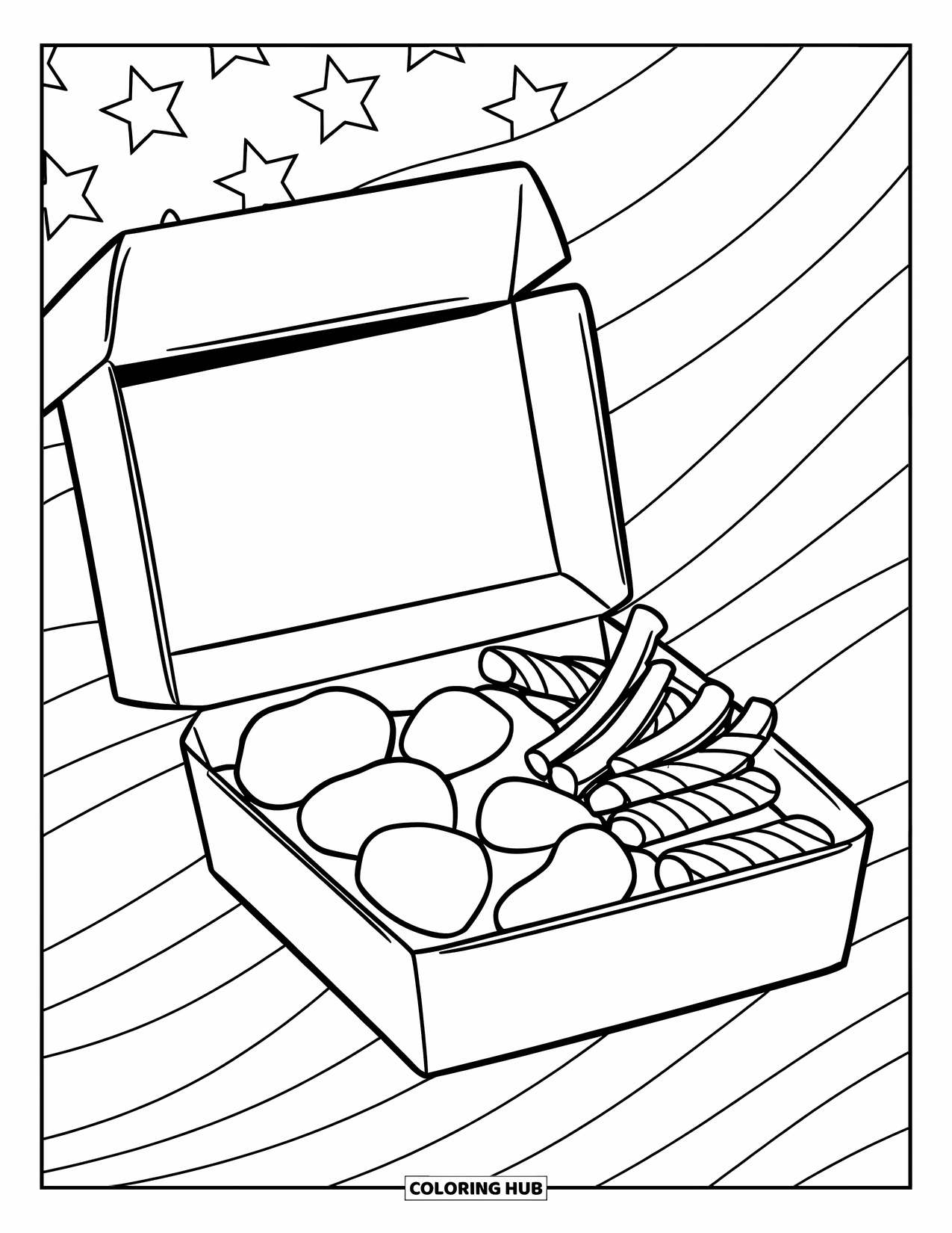 Fast Food Coloring Page for Kids: A fun nugget box from "Mickey's Munchies" sits among stars and stripes