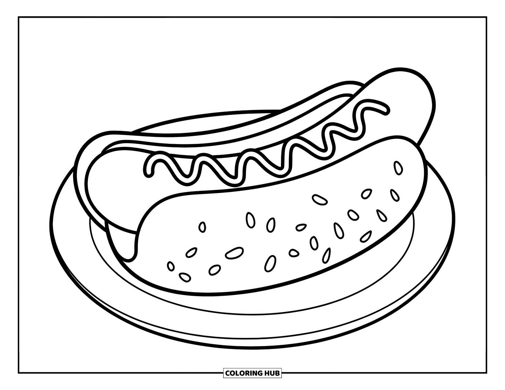 Fast Food Coloring Page for Kids: A hotdog with mustard sits on a plate, outlined in a bold style