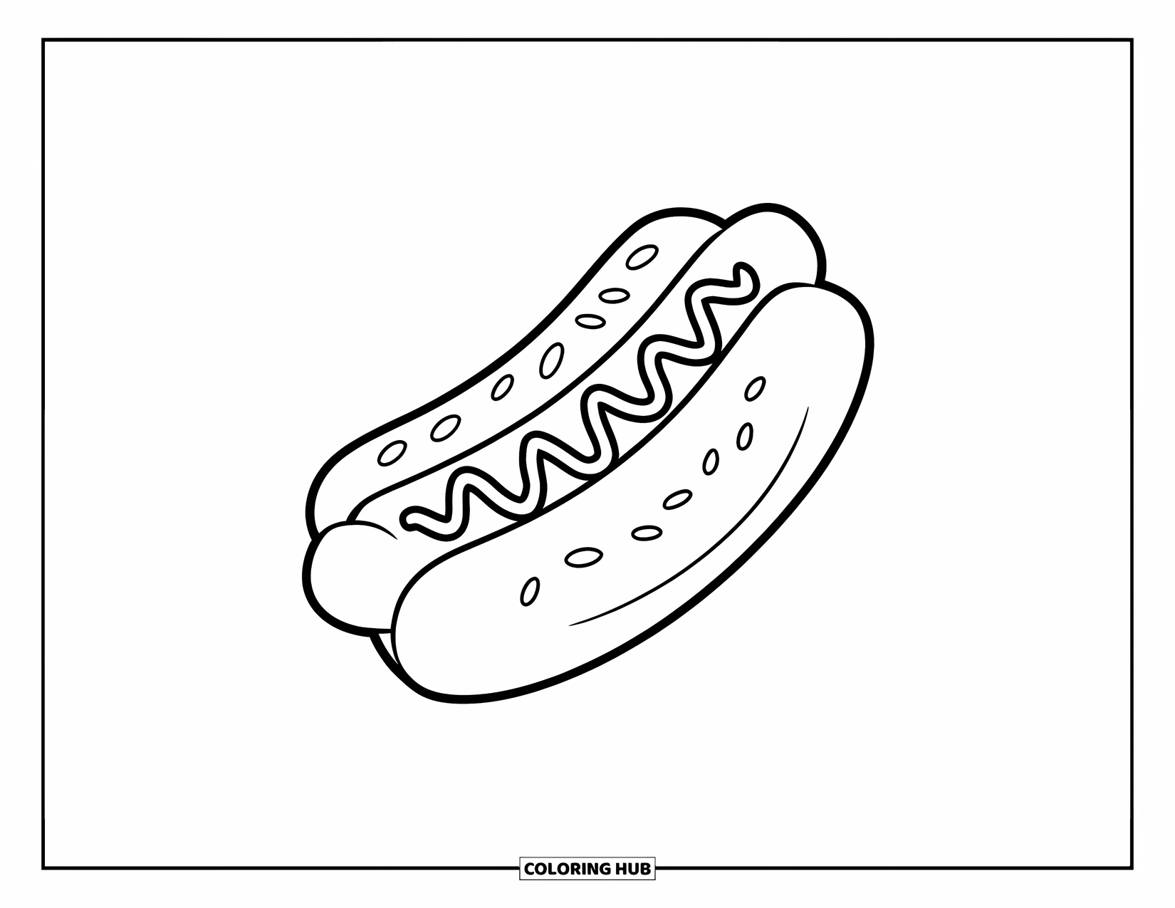 Fast Food Coloring Page for Kids: A hotdog with sesame bun and mustard swirls is ready to color