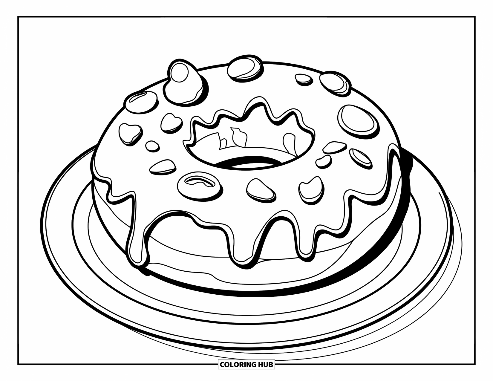Fast Food Coloring Page for Kids: A single donut with icing and drizzle sits on a plate