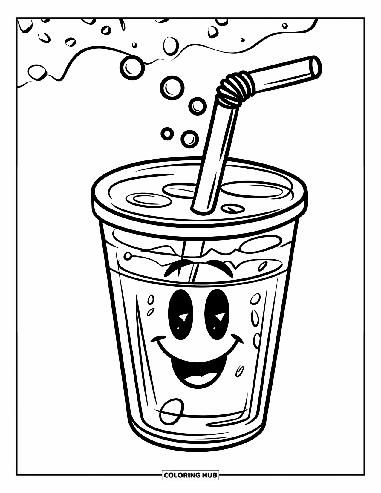 Fast Food Coloring Page for Kids: A smiley soda cup with a straw sends bubbles upward on a white backdrop