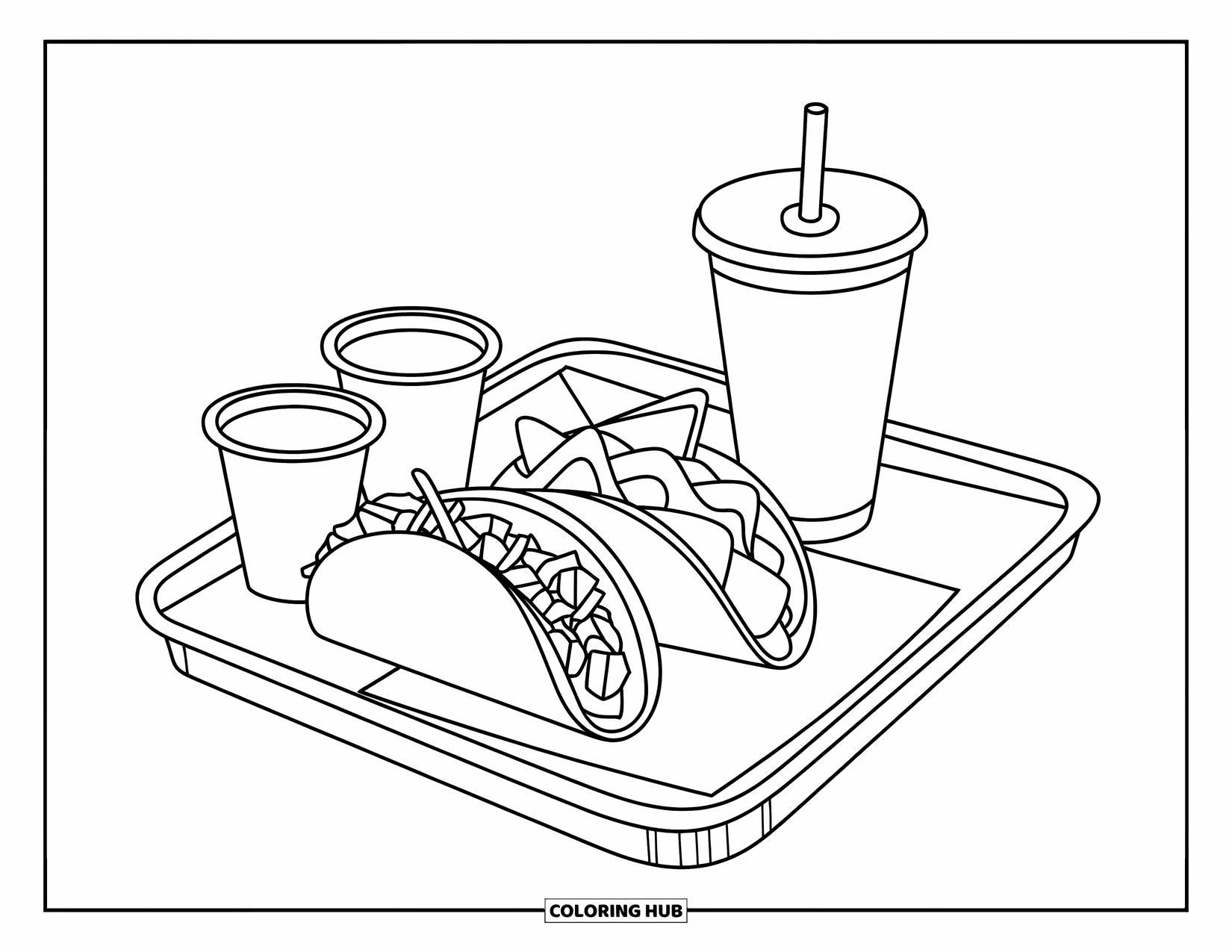 Fast Food Coloring Page for Kids: A taco tray with nachos, a drink, and tiny sauce cups looks super tasty