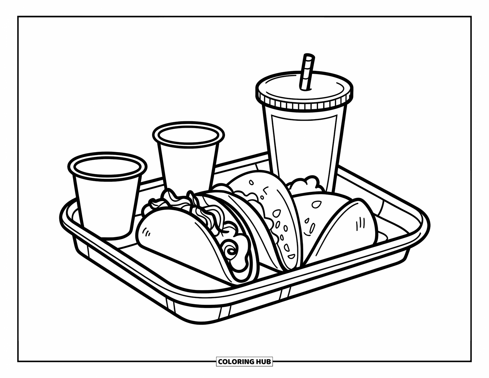 Fast Food Coloring Page for Kids: A takeout tray with a taco, nachos, drink, and cute sauces sits on a table