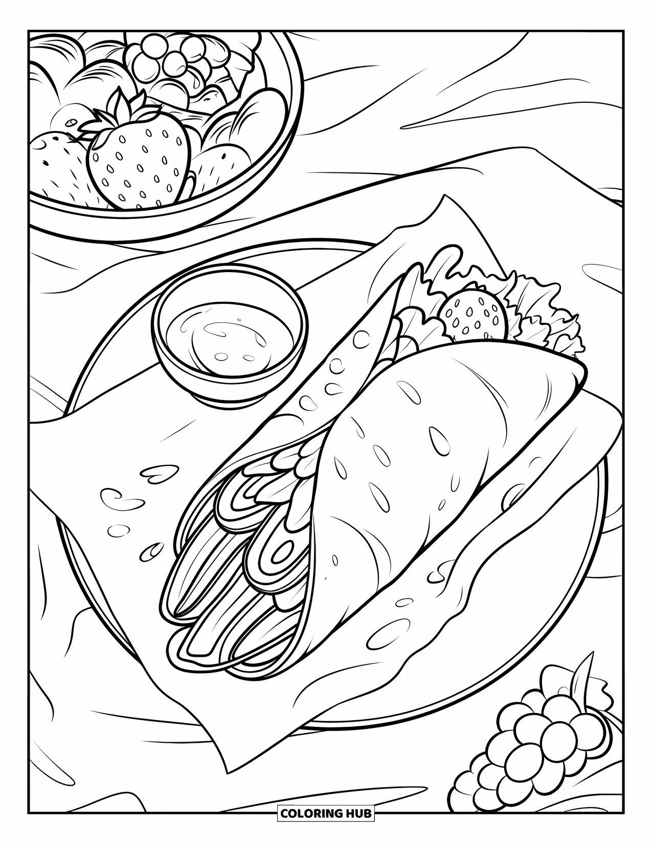 Fast Food Coloring Page for Kids: A tasty wrap with fruit salad and dipping sauce sits on parchment paper