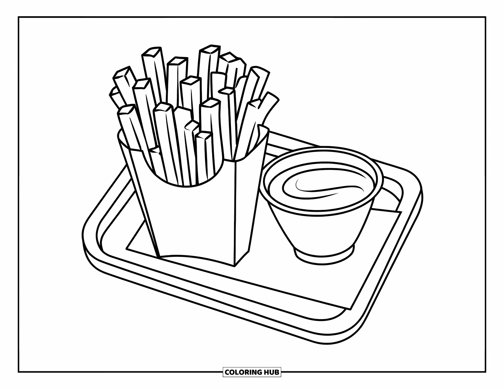 Fast Food Coloring Page for Kids: A tray of fries and ketchup cup with happy shapes sits on a white background