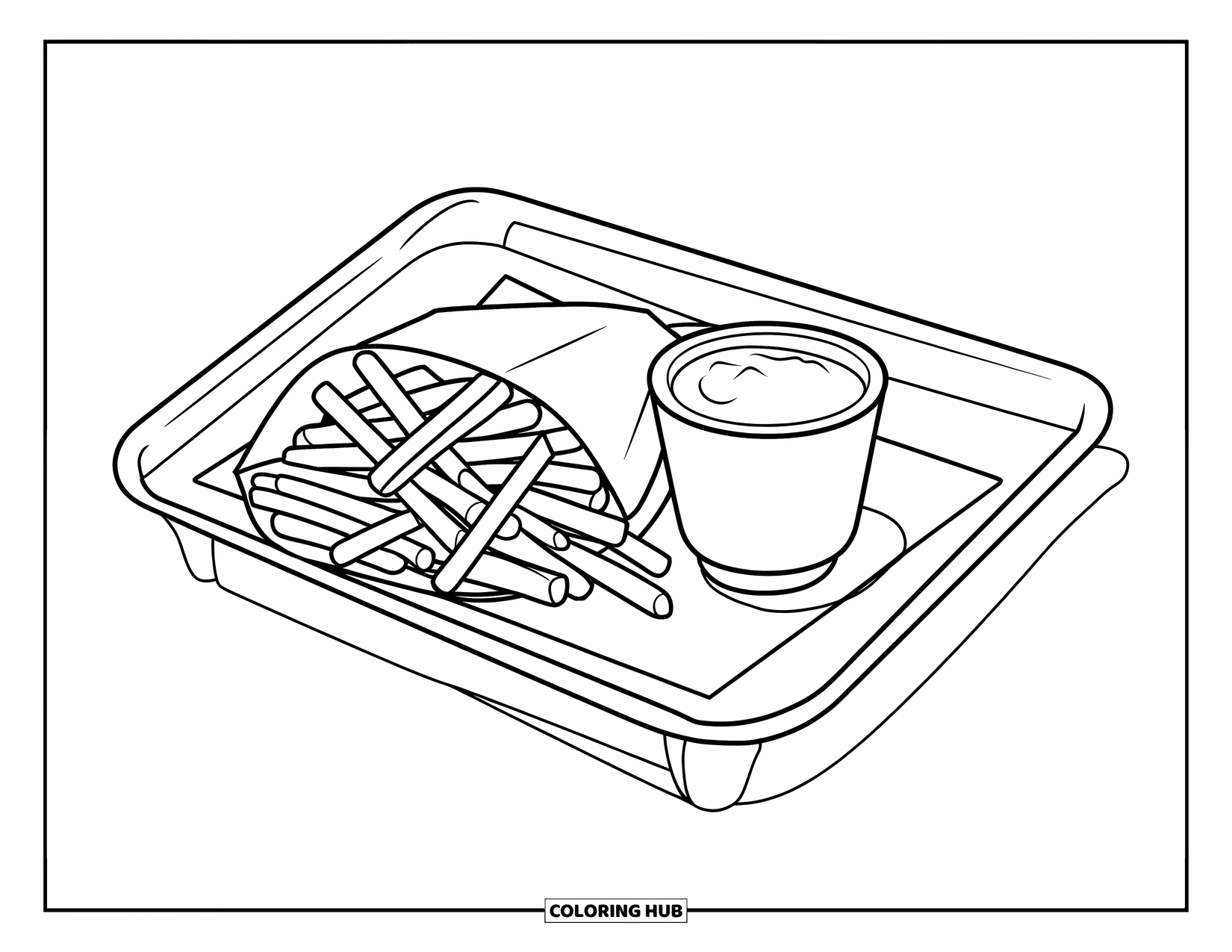 Fast Food Coloring Page for Kids: A tray of piled fries and ketchup sits on a clean white surface