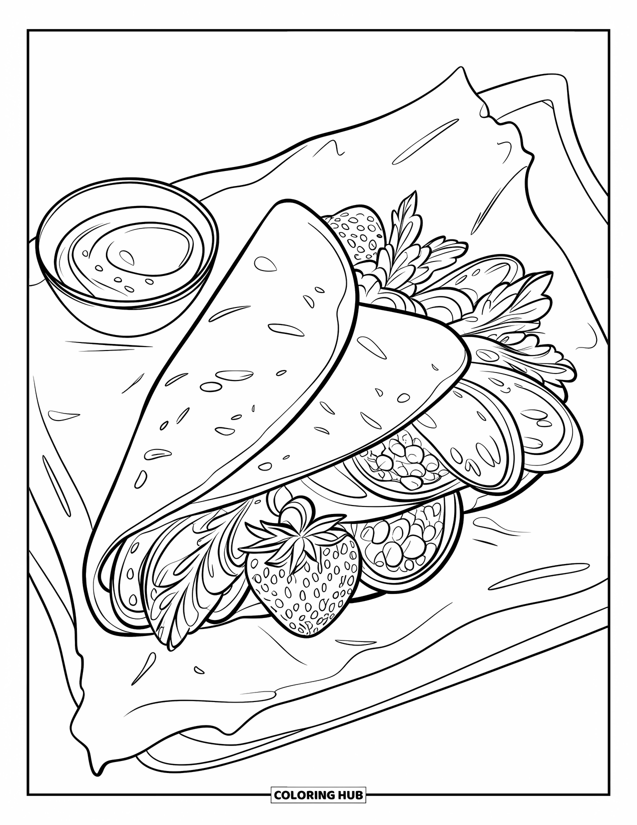 Fast Food Coloring Page for Kids: A wrap sandwich and colorful fruit salad sit beside a dipping sauce