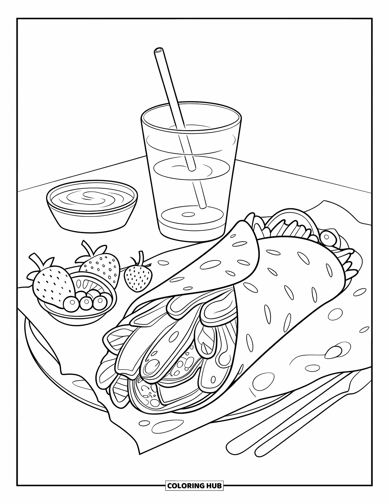 Fast Food Coloring Page for Kids: A wrap sandwich, fruit, and a dipping sauce sit with a drink and small plate