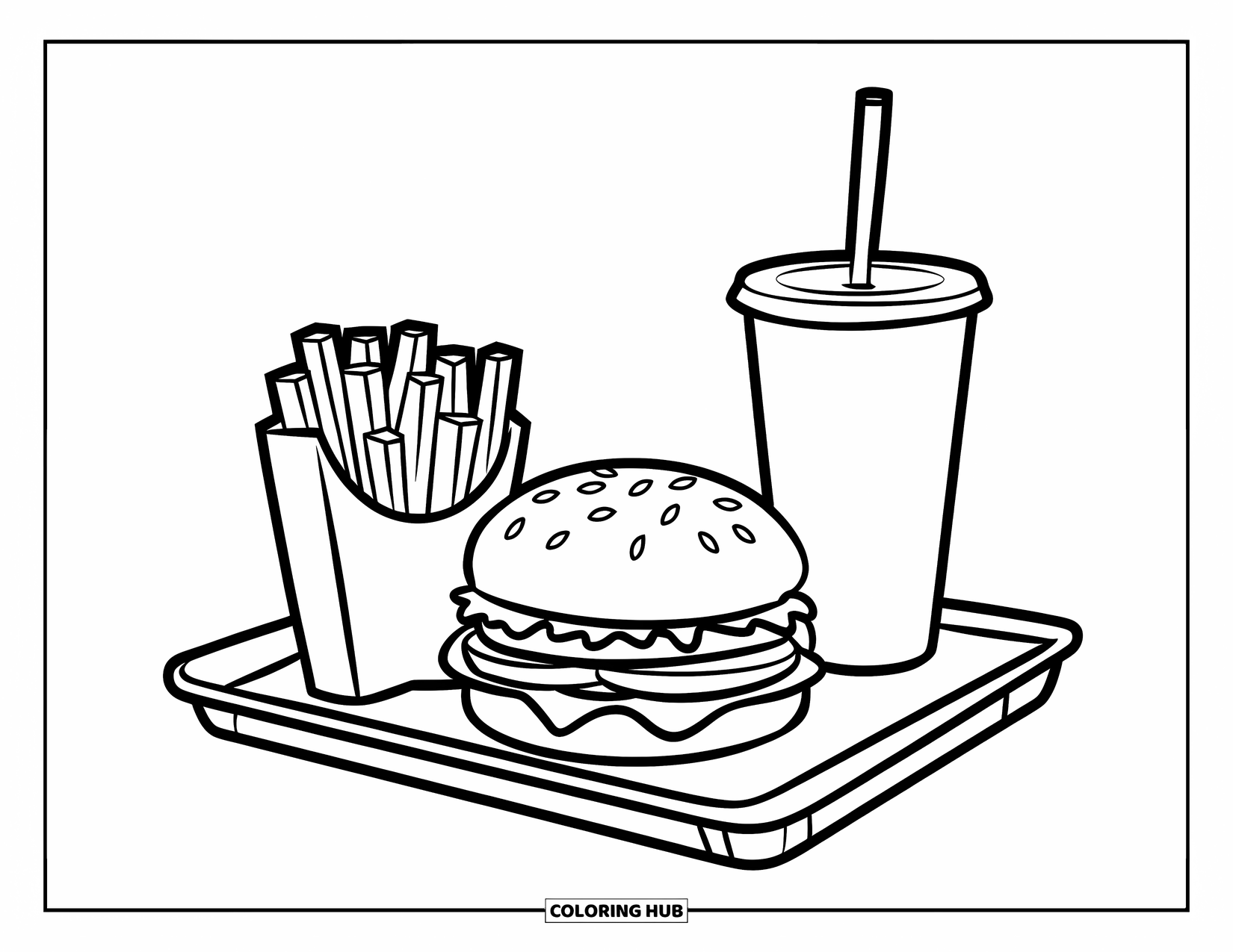 Fast Food Coloring Page for Kids: Burger, fries, and soda sit neatly on a tray with bold outlines