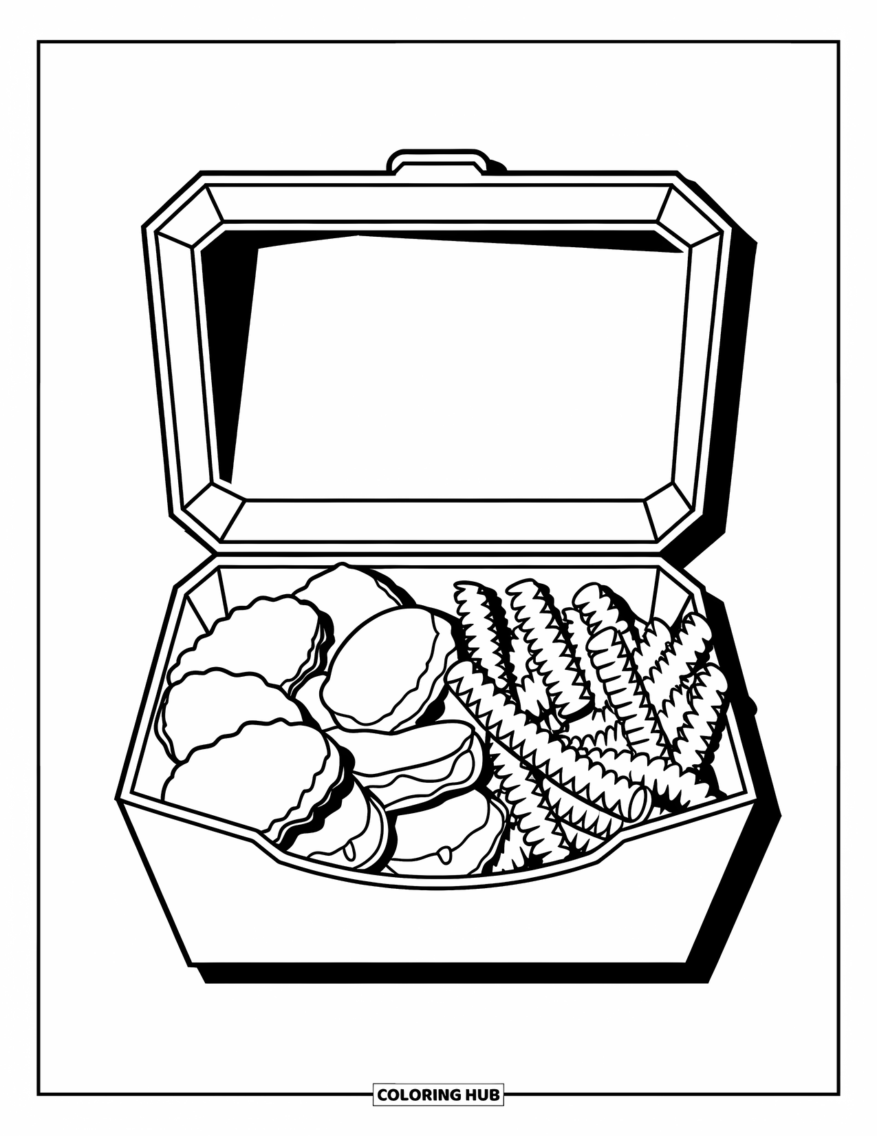 Fast Food Coloring Page for Kids: Crinkle fries and shaped nuggets fill a bold nugget box on a white background
