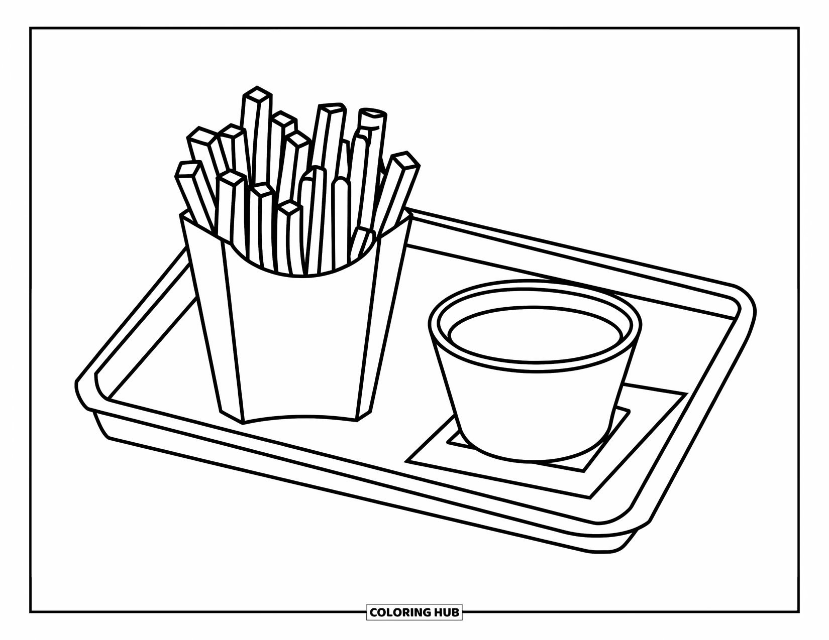 Fast Food Coloring Page for Kids: Fries and ketchup rest on a tray with large, easy-to-color outlines