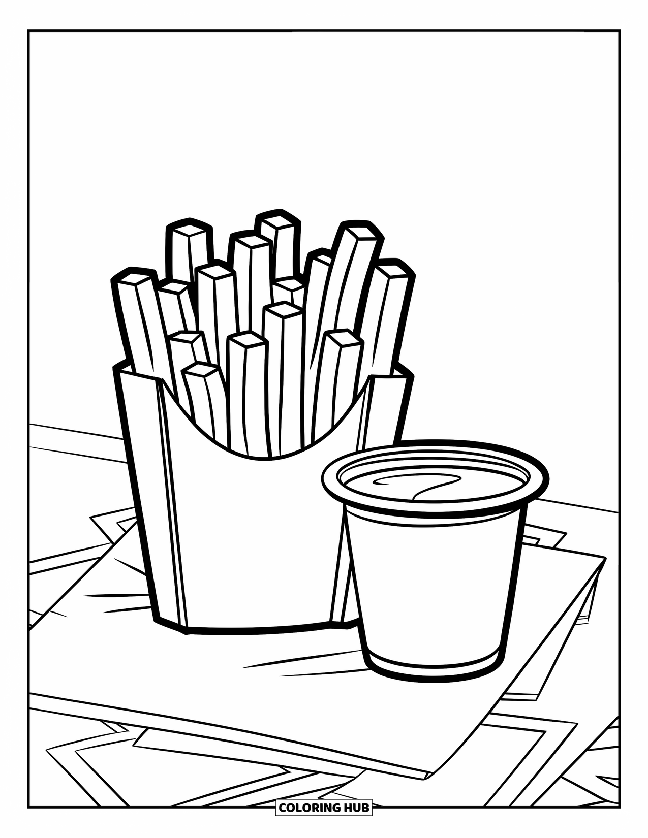 Fast Food Coloring Page for Kids: Fries with crispy edges and a sauce cup sit side by side