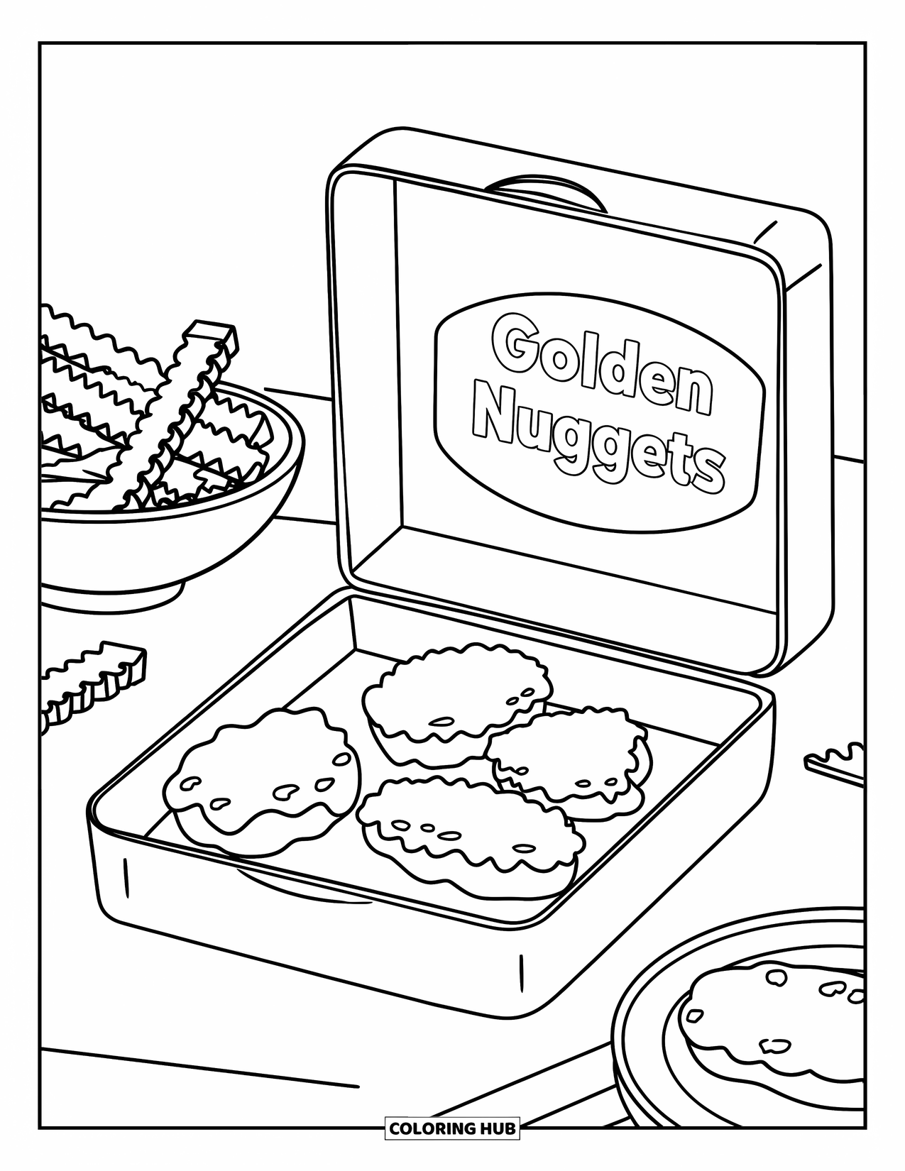 Fast Food Coloring Page for Kids: Golden nuggets and crinkle fries sit beside a burger and soda