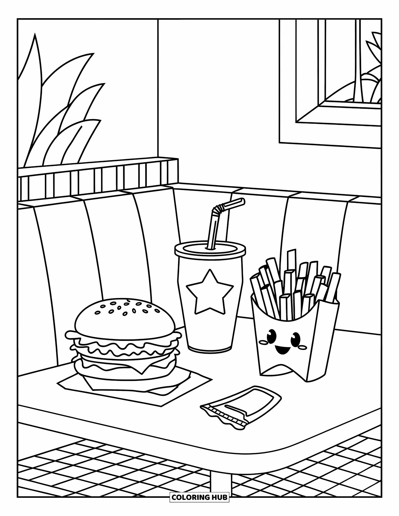 Fast Food Coloring Page for Kids: Heart, star, and speech bubble containers hold a burger, soda, and fries