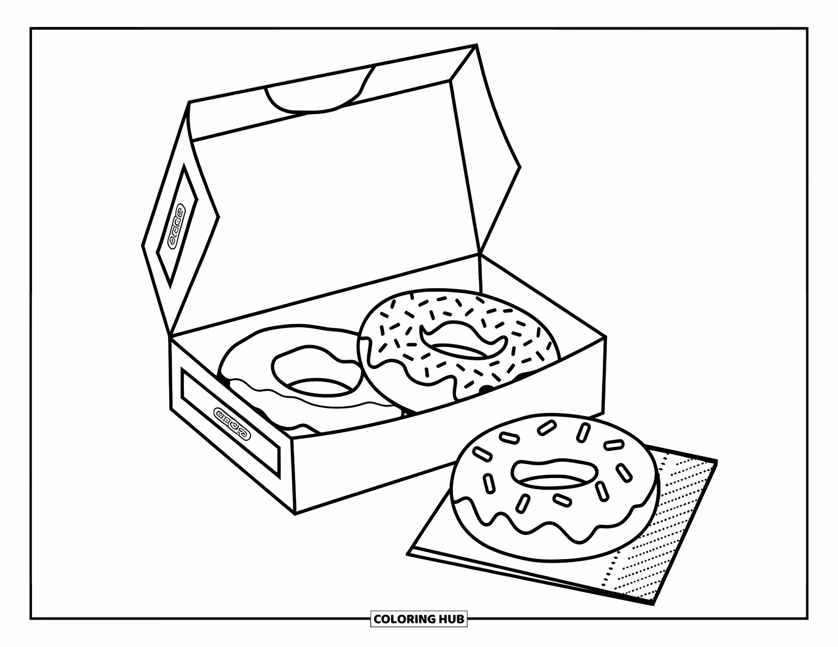 Fast Food Coloring Page for Kids: Three yummy donuts in a box with a napkin and cute details beside it