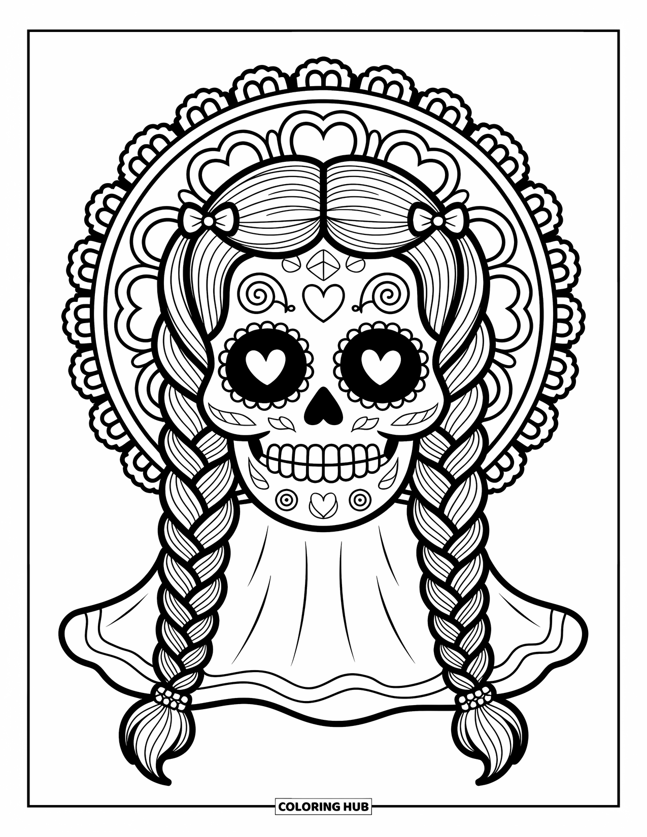 Female Sugar Skull Coloring Page for Adults: Braided sugar skull with bows, beads, and a lacey background