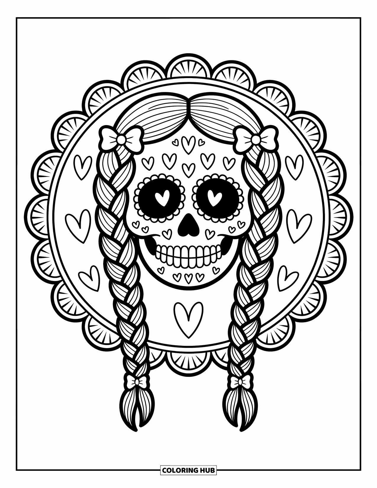 Female Sugar Skull Coloring Page for Adults: Braided sugar skull with hearts, spirals, and soft lace behind