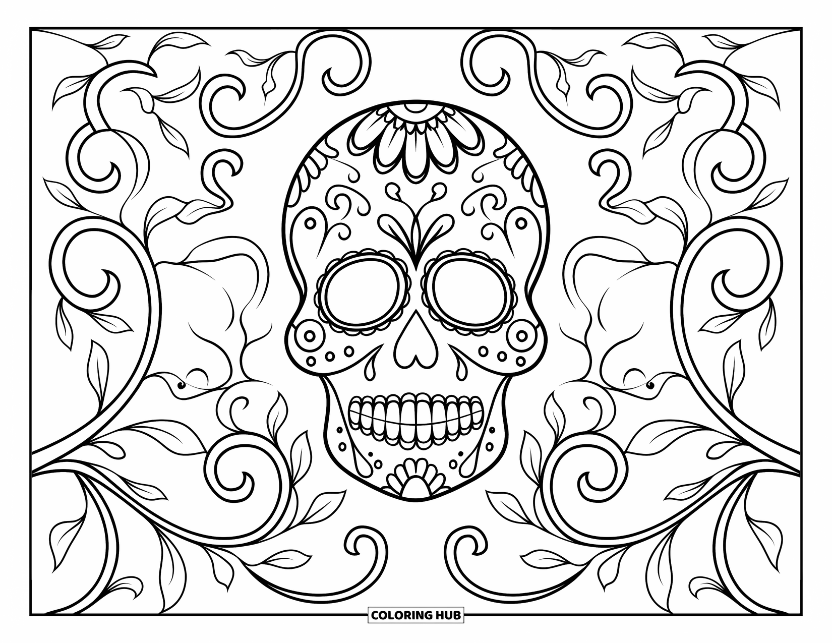 Female Sugar Skull Coloring Page for Adults: Calm sugar skull surrounded by floral swirls and delicate vines