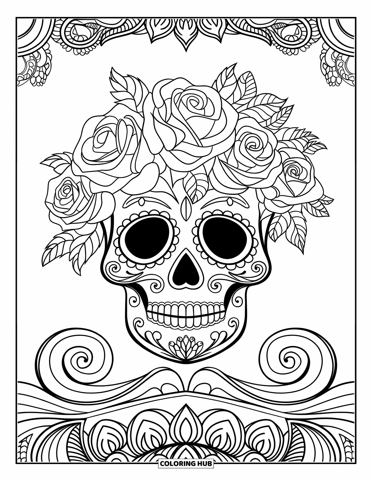 Female Sugar Skull Coloring Page for Adults: Calm sugar skull surrounded by roses and detailed spirals