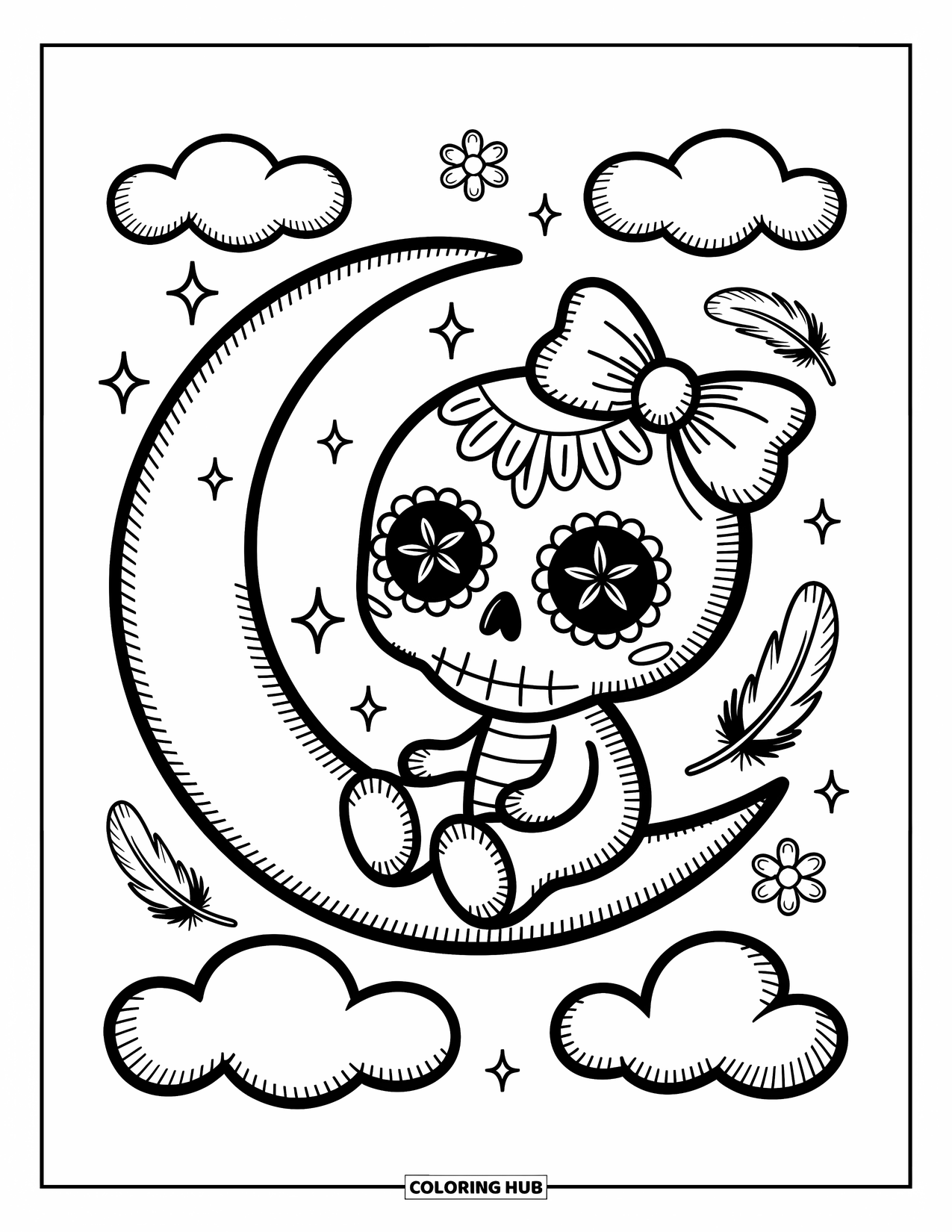 Female Sugar Skull Coloring Page for Adults: Cozy skull on crescent moon surrounded by feathers, flowers, and sparkles
