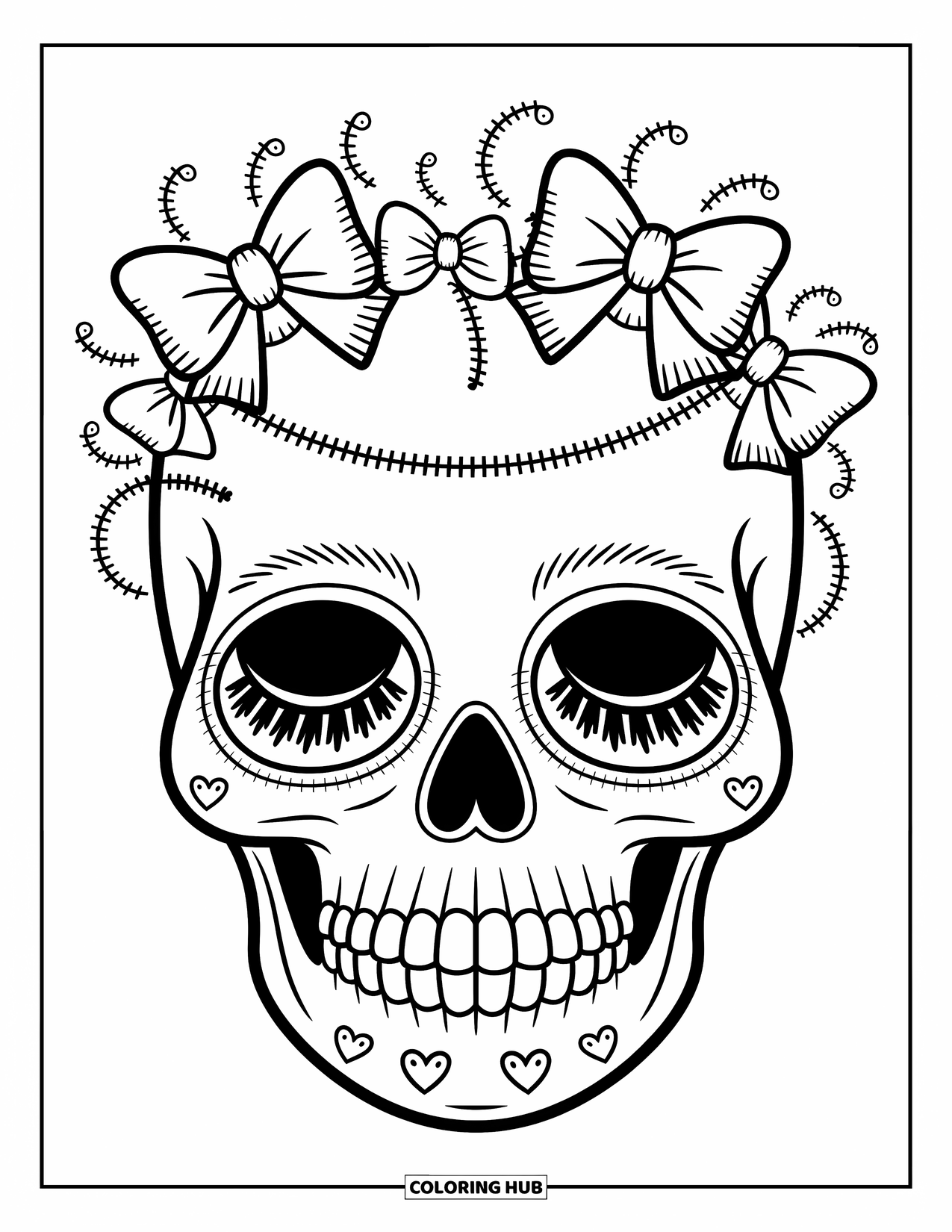 Female Sugar Skull Coloring Page for Adults: Cute little skull with bows, stitched cheeks, and hearts between teeth
