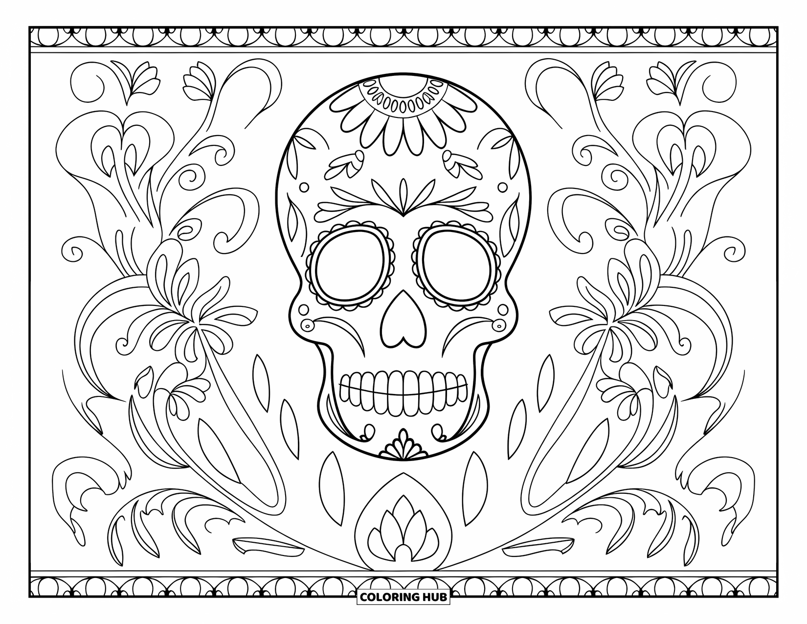 Female Sugar Skull Coloring Page for Adults: Elegant skull with calm face, vines, and a circle border