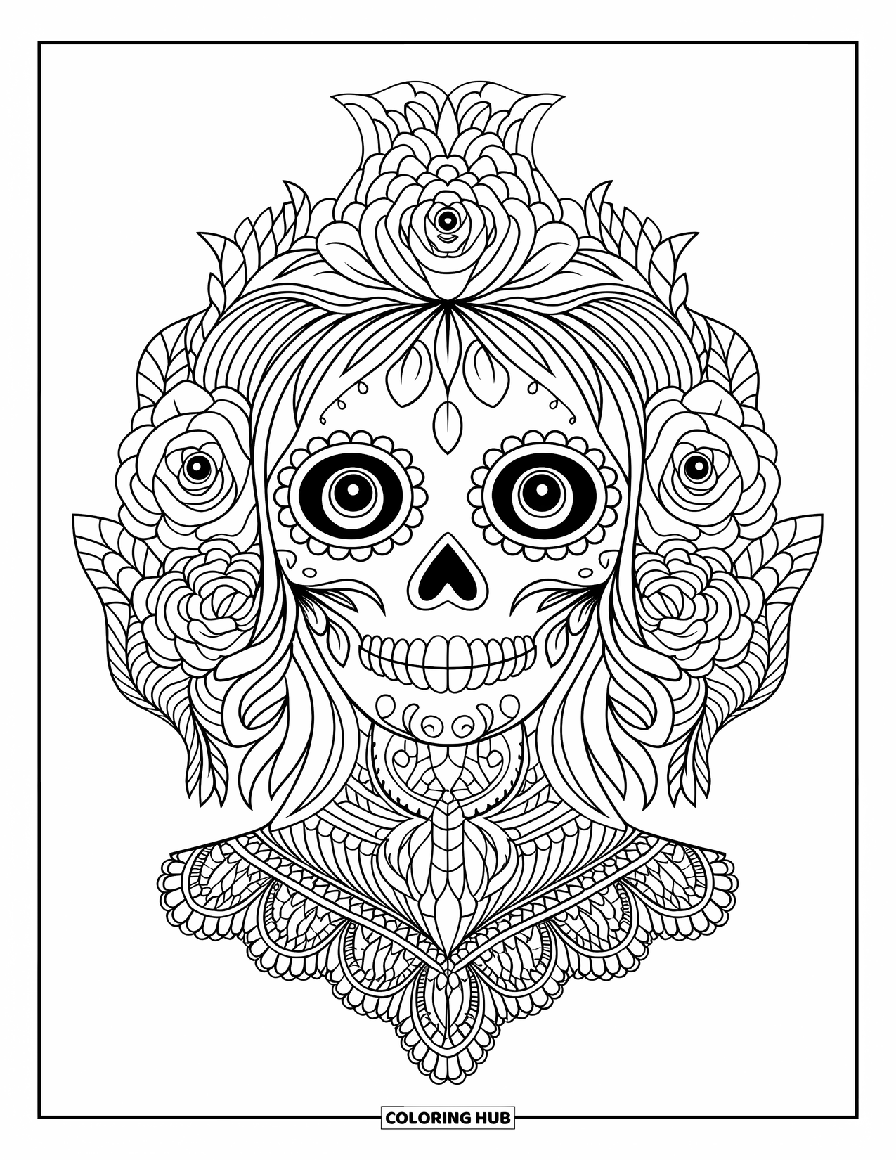 Female Sugar Skull Coloring Page for Adults: Floral skull with roses, leaves, and a wide smile