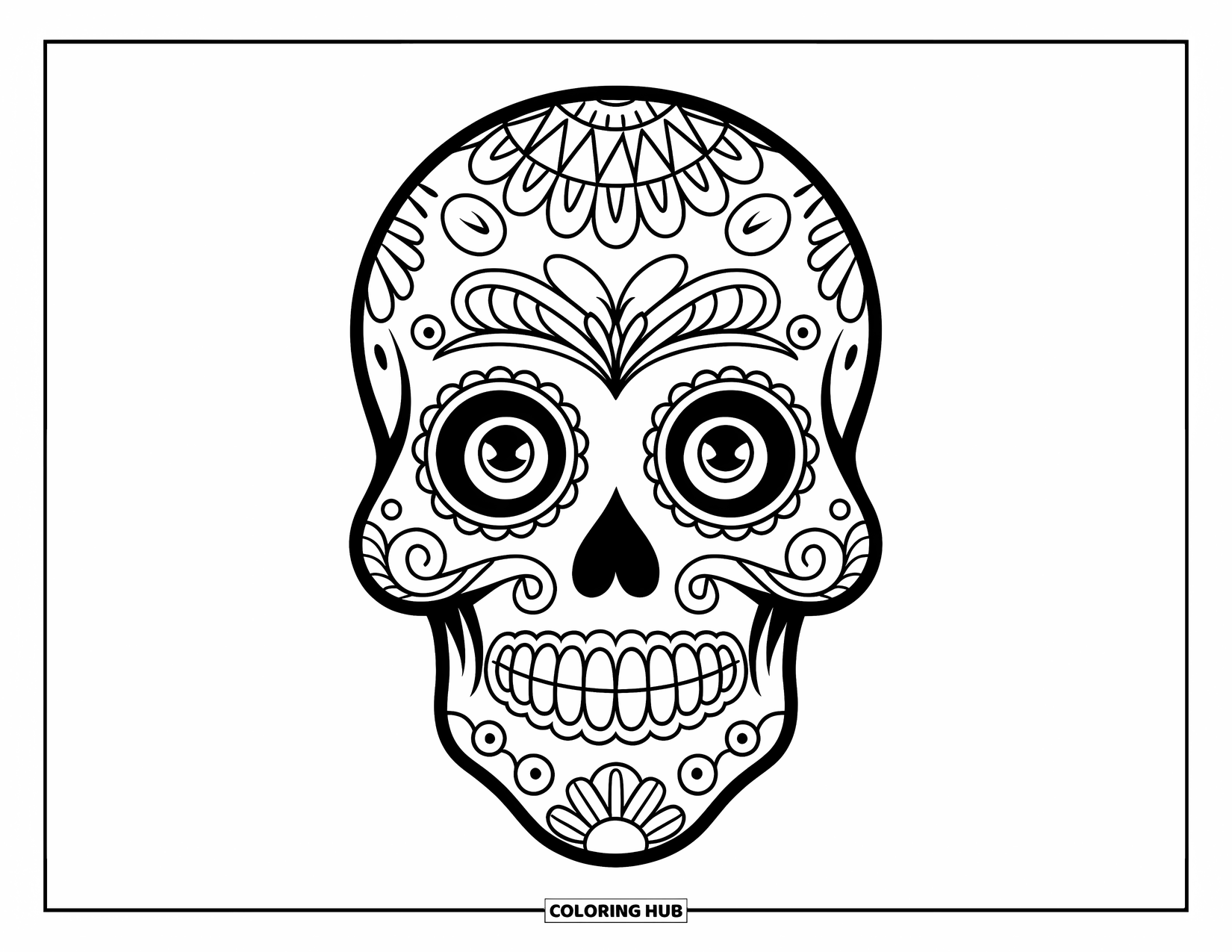 Female Sugar Skull Coloring Page for Adults: Grinning sugar skull with big eyes, lace edges, and floral forehead