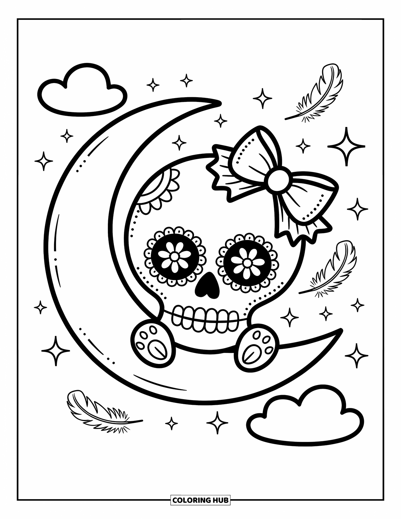 Female Sugar Skull Coloring Page for Adults: Moon-sitting skull with clouds, sparkles, feathers, and flowers